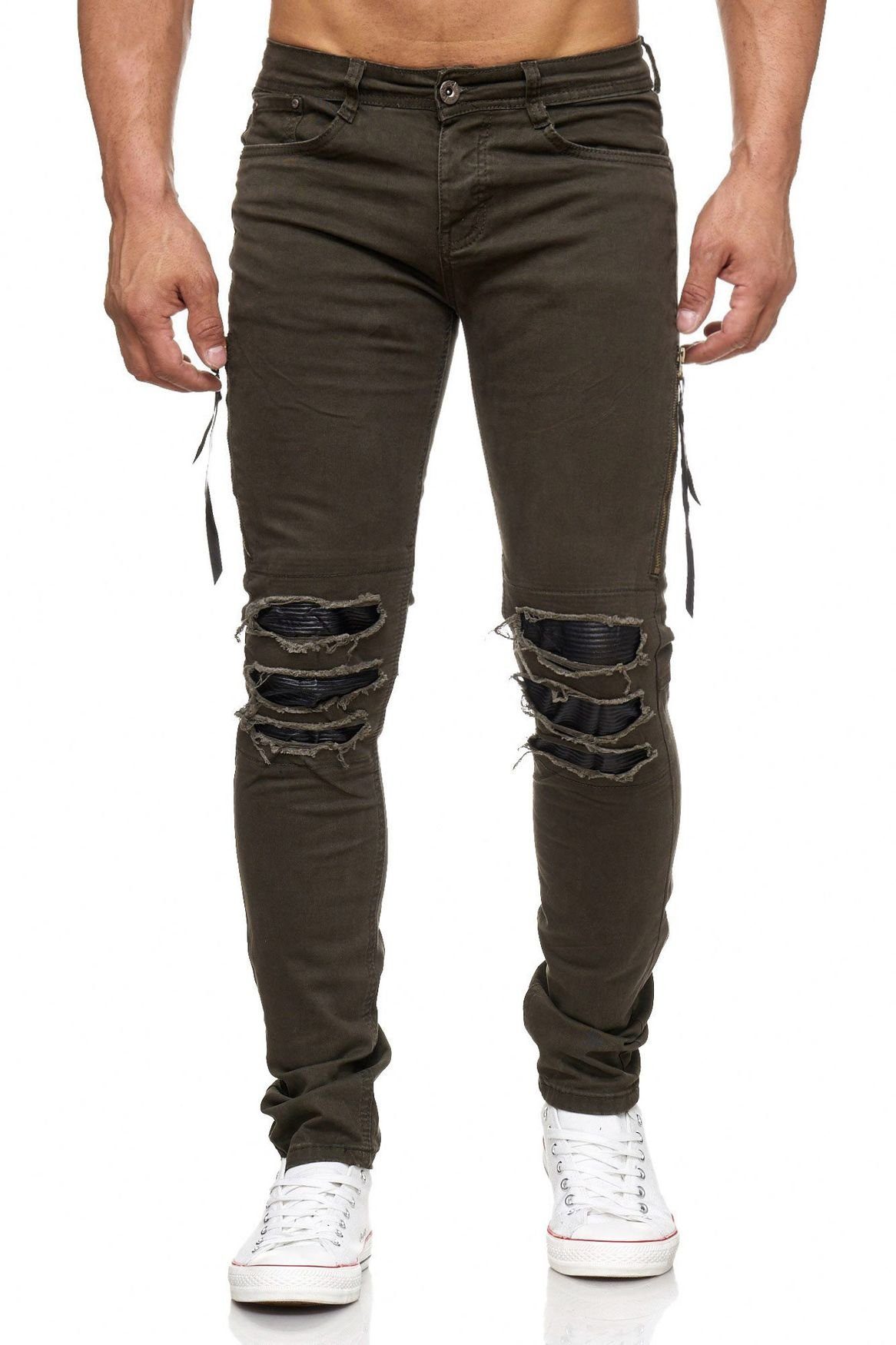 Jaylvis Slim-fit-Jeans »Herren Destroyed Jeans ROCKSTAH Biker Hose Fransen  Löcher Design« (1-tlg) 2055 in Khaki-Grün online kaufen | OTTO