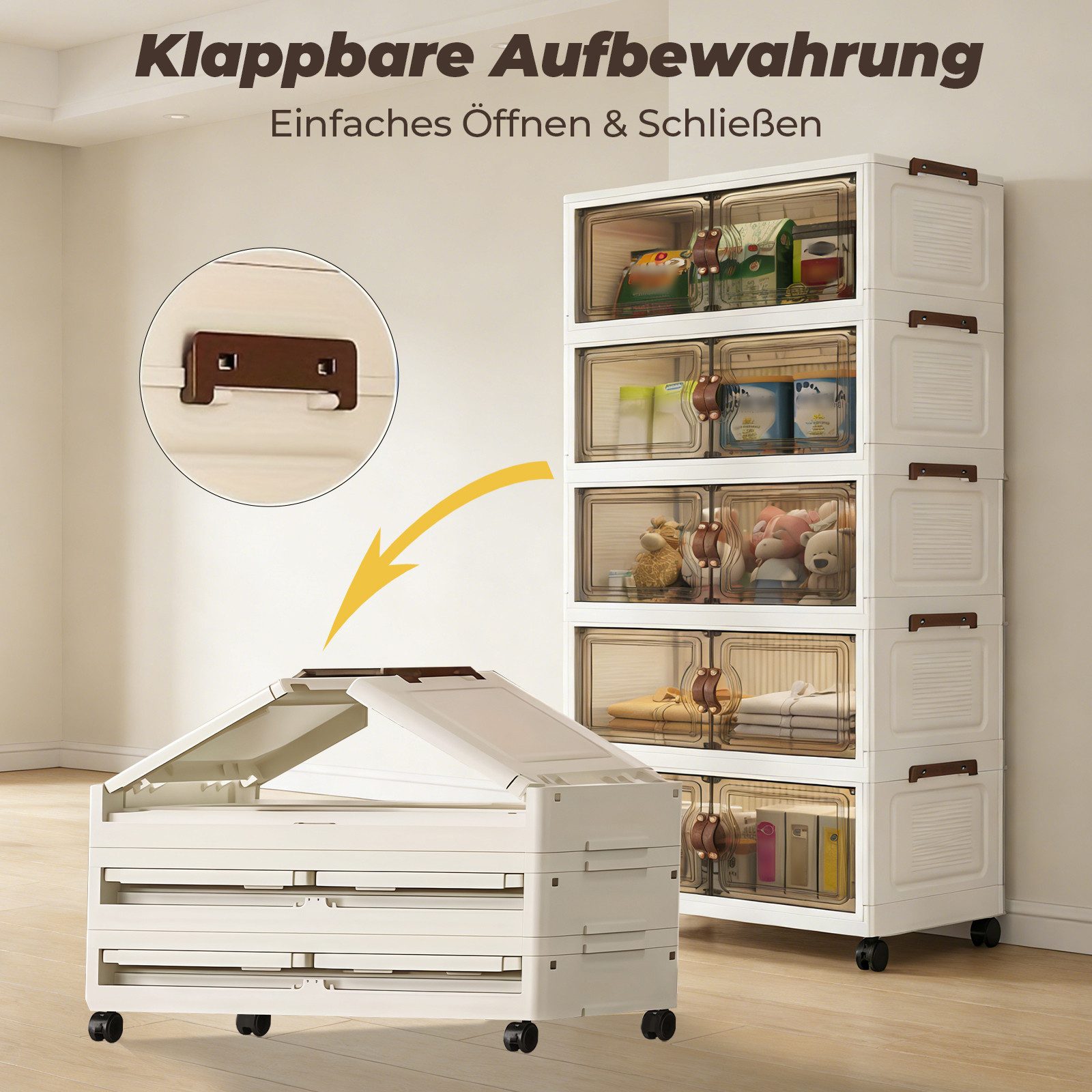 PFCTART Mehrzweckschrank Aufbewahrungsschrank faltbar mit Rollen aus PP-Kunststoff (Set, 1-St., Als Aufbewahrungsbox mit Deckel groß für Kleidung, Schuhe & Haushalt) Stapelboxen mit transparentem Frontdesign, werkzeuglose Montage