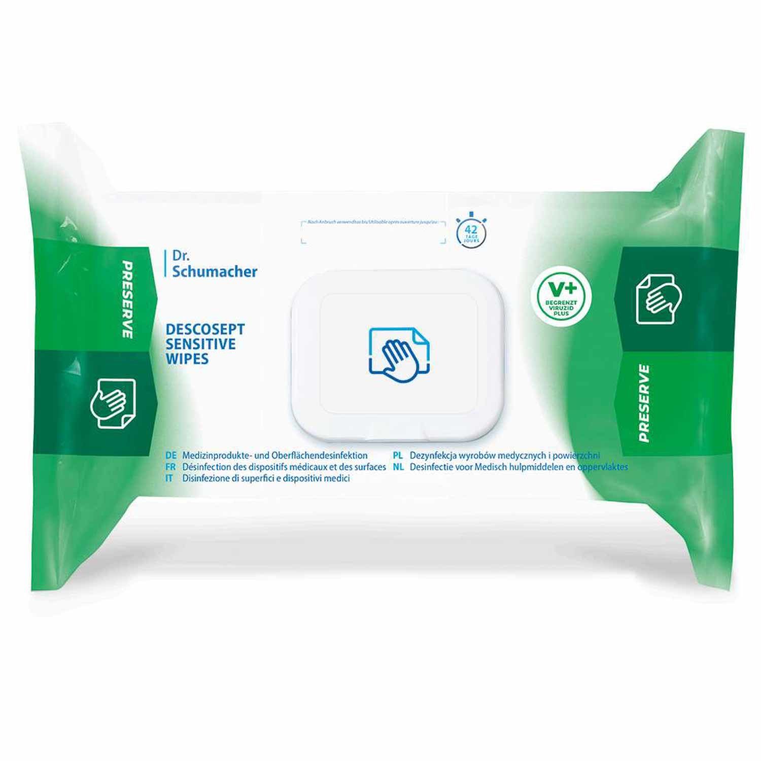 Dr. Schumacher Dr. Schumacher Descosept Sensitive Wipes 60 Tücher Hand-Desinfektionsmittel (60-St. 60 Stück alkoholfrei, gebrauchsfertig, Flächendesinfektion)