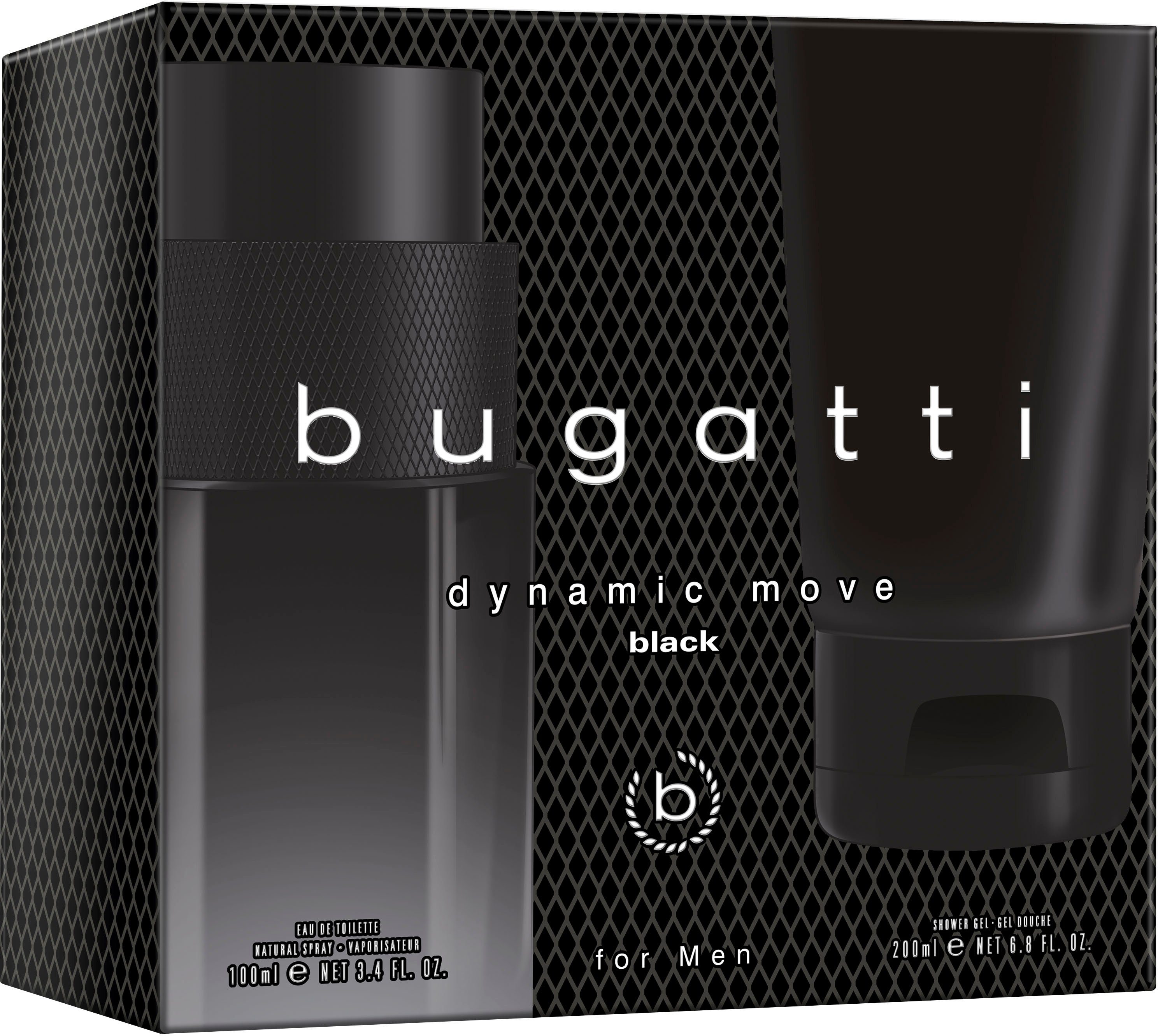 bugatti Туалетная вода BUGATTI Dynamic Move Black for him GP EdT 100ml + 200 ml SG, 2-tlg., Herrenduft-Set mit Lavendel, Moschus und orientalischer Note.