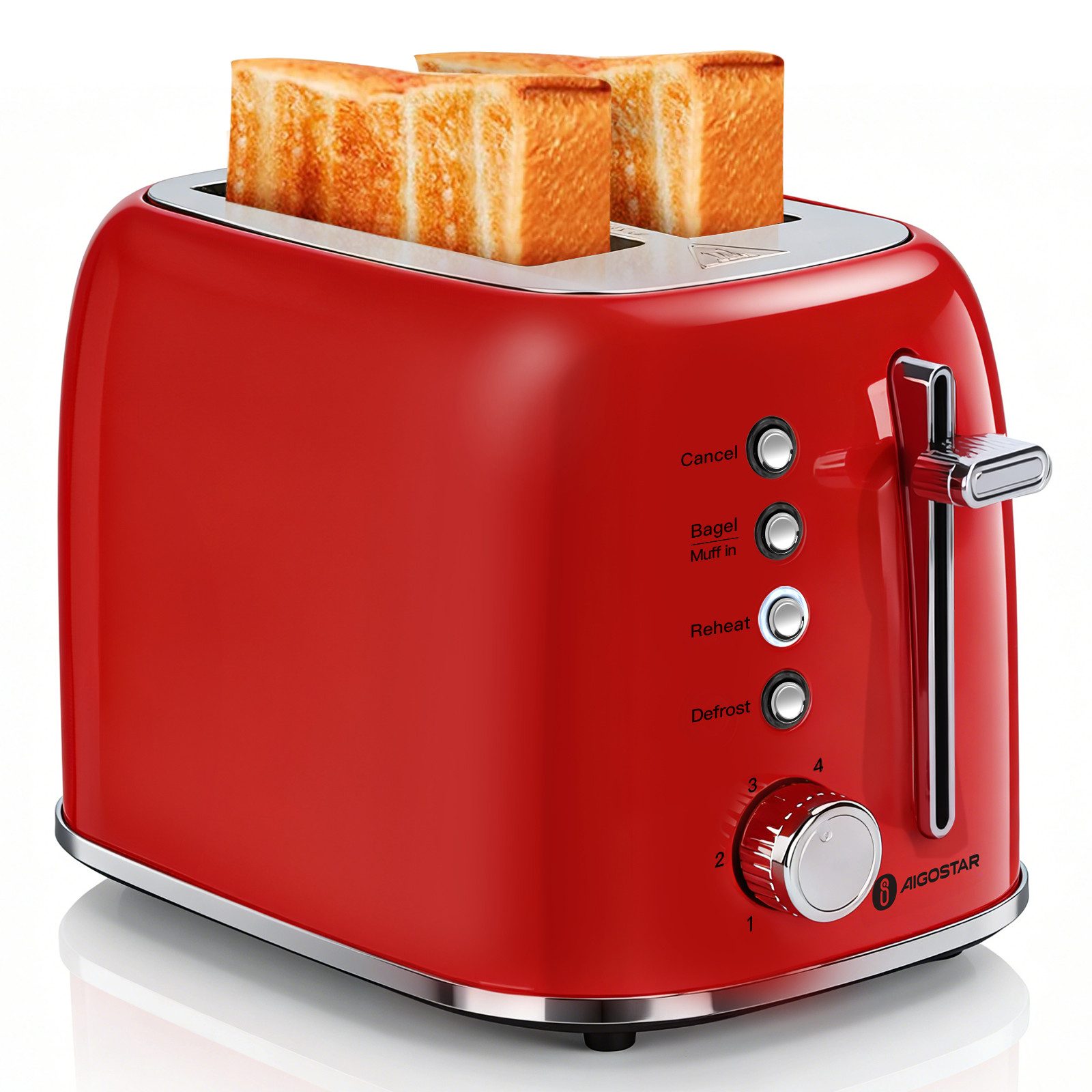 Aigostar Toaster Retro Edelstahl Toaster, 4 Funktionen, 6 Bräunungsstufen, 2 kurze Schlitze, für 2 Scheiben, 800 W, Extra Breite Toastschlitze, Liftfunktion
