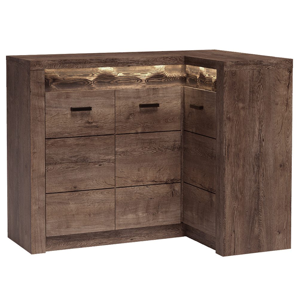 Lomadox Kommode INGENIO-161, Eckschrank Sideboard mit LED Beleuchtung modern Esche in braun