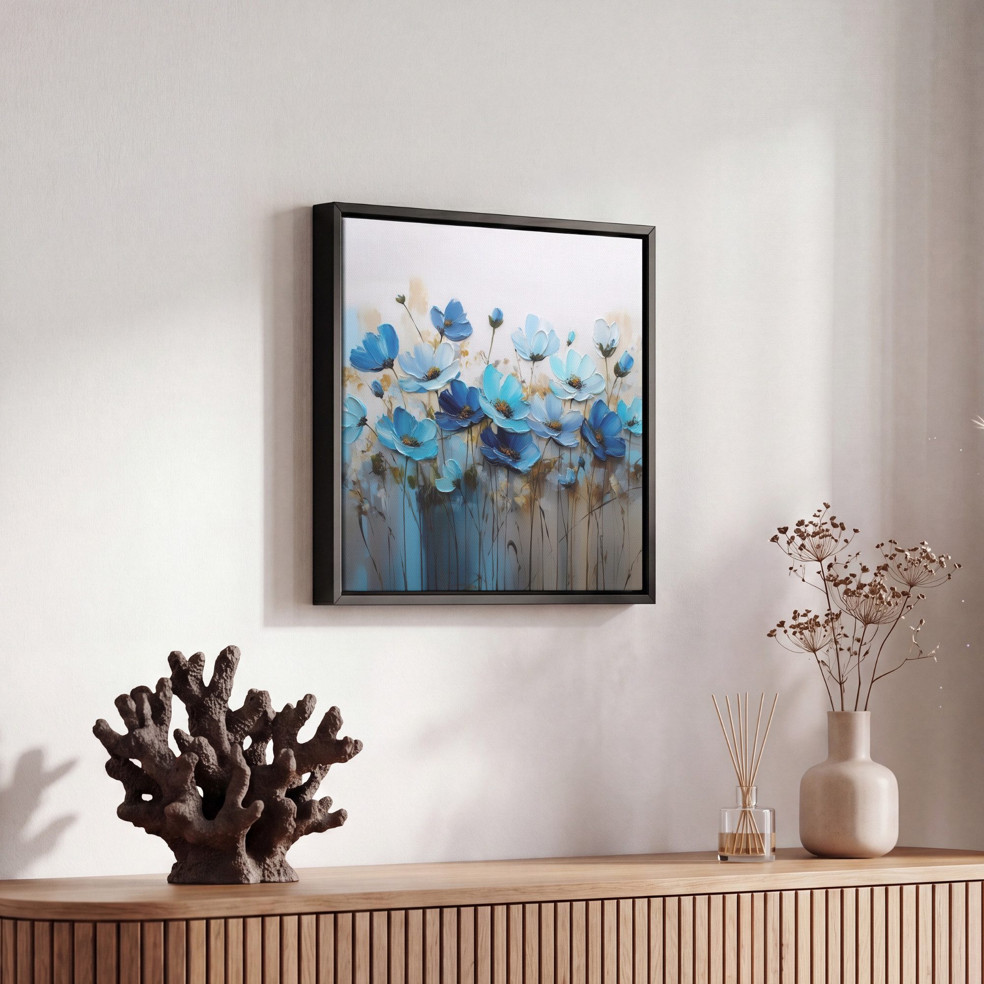OneMillionCanvasses® Leinwandbild mit Rahmen - Blumen - Malerei - Blau, Fotodruck (1 St), Leinwand Bilder Klein, Wand Dekoration Aesthetic 20x20cm – Bild 5 von 5