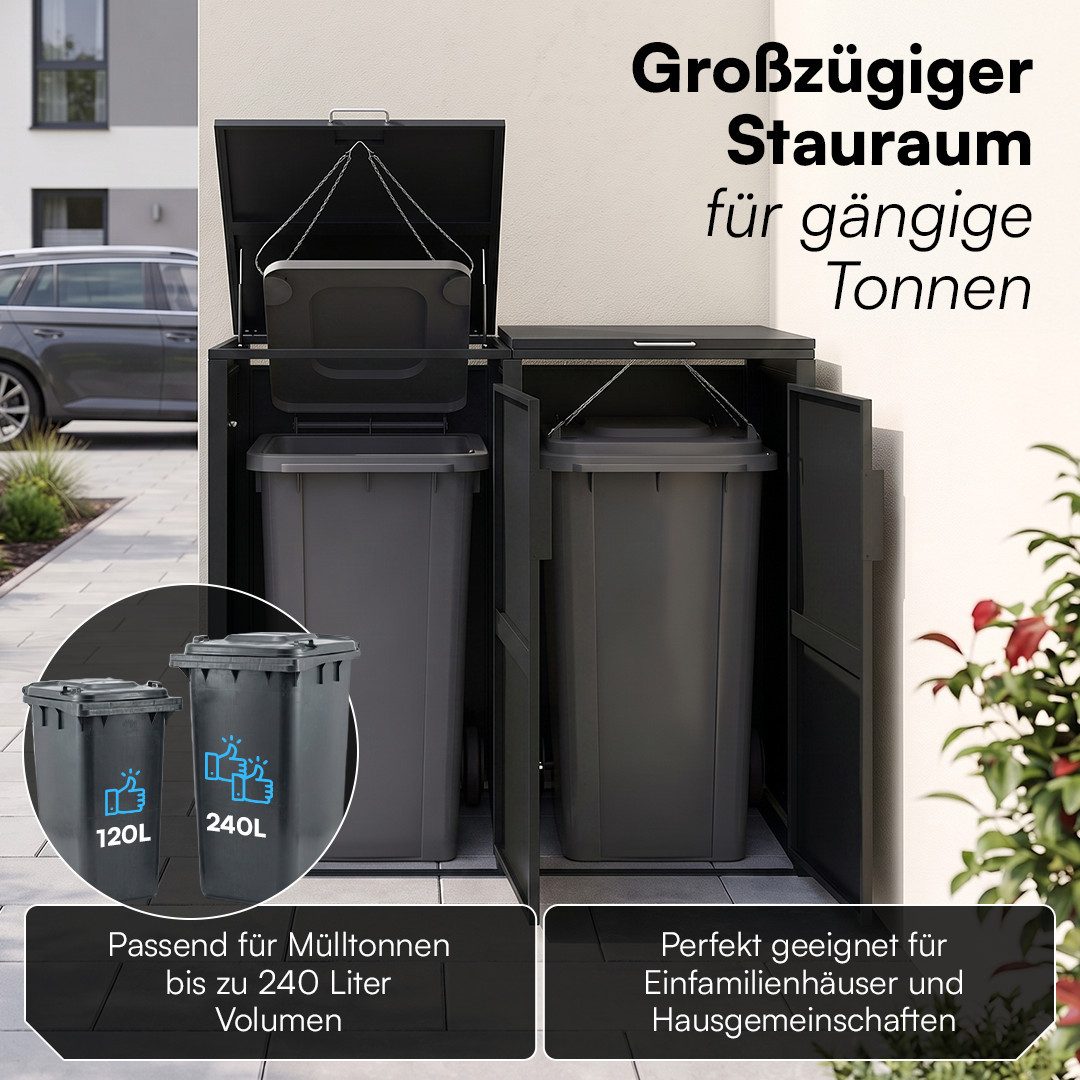STEELSØN Mülltonnenbox Thoria 240L aus verzinktem Stahl (Graphitschwarz, verfügbar mit 1, 2, 3, 4, oder 5 Türen), Für 2 Tonnen