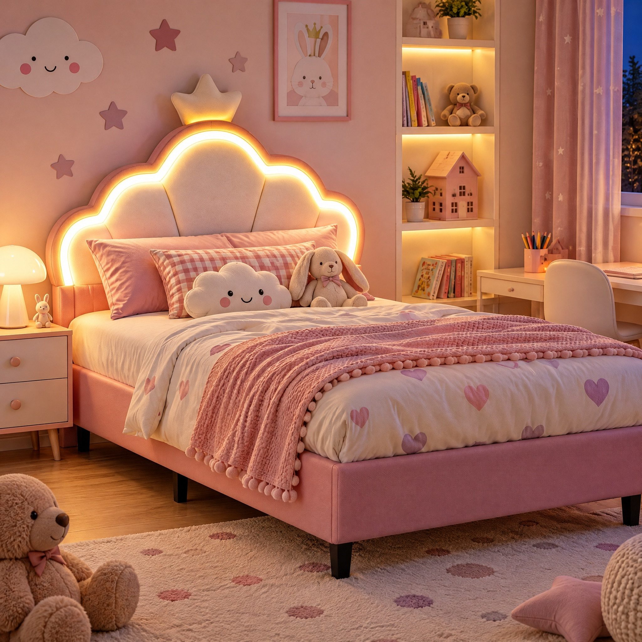 Furnishings Home Kinderbett Polsterbett LED mit Kopfteil 90x200 cm (Einzelbett mit LED-Beleuchtung), Geeignet für Jungen und Mädchen