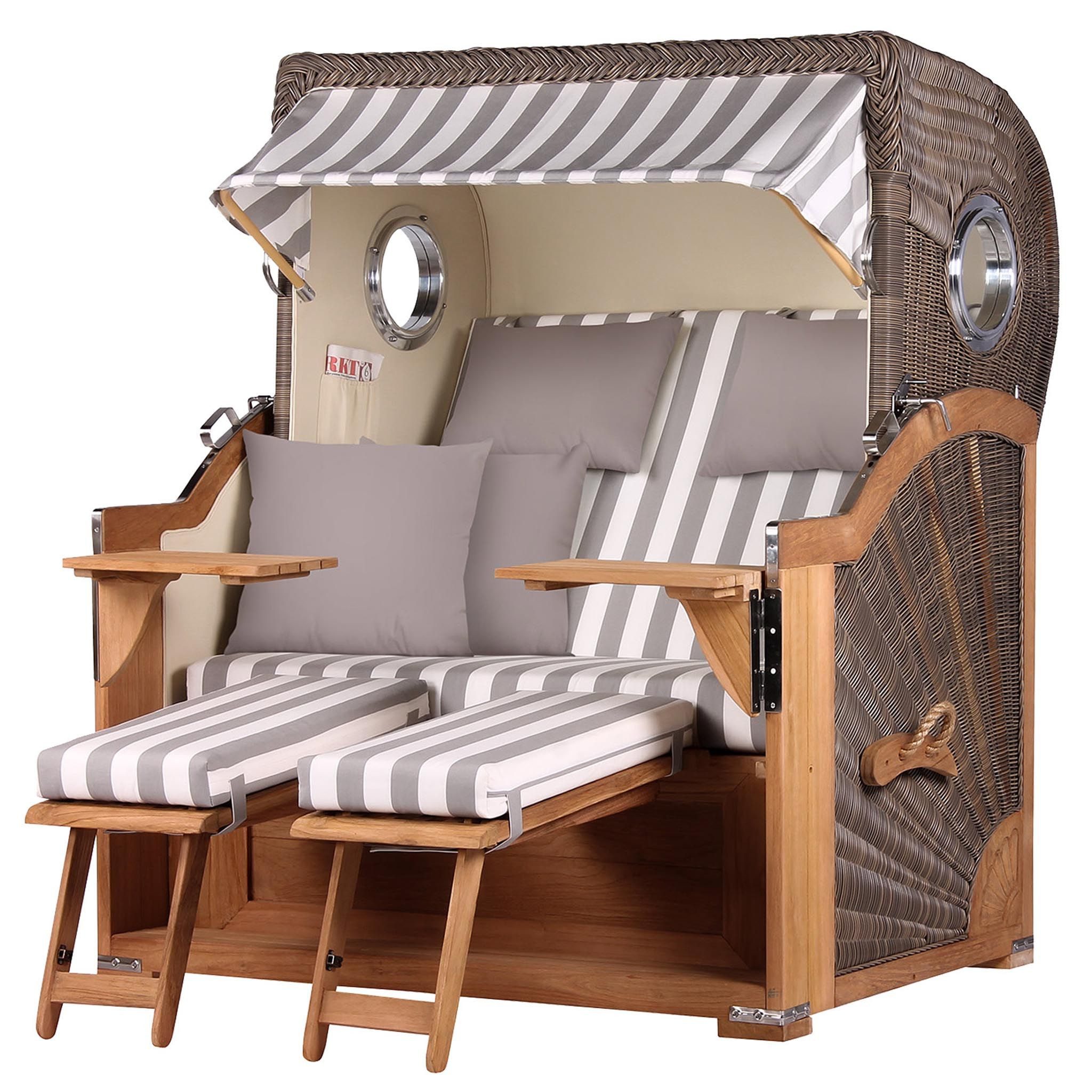 bene living Strandkorb Königssee 2,5-Sitzer Teak - PE grau - Modell 513, BxTxH: 142x95x170 cm, Volllieger, Königssee 2,5-Sitzer Teak, (Strandkorb-Komplettset, 5-tlg., Strandkorb inkl. Liftersystem und umfangreichem Zubehör), mit Windschutzfolie, Bistrotischen und bequemer Polsterung