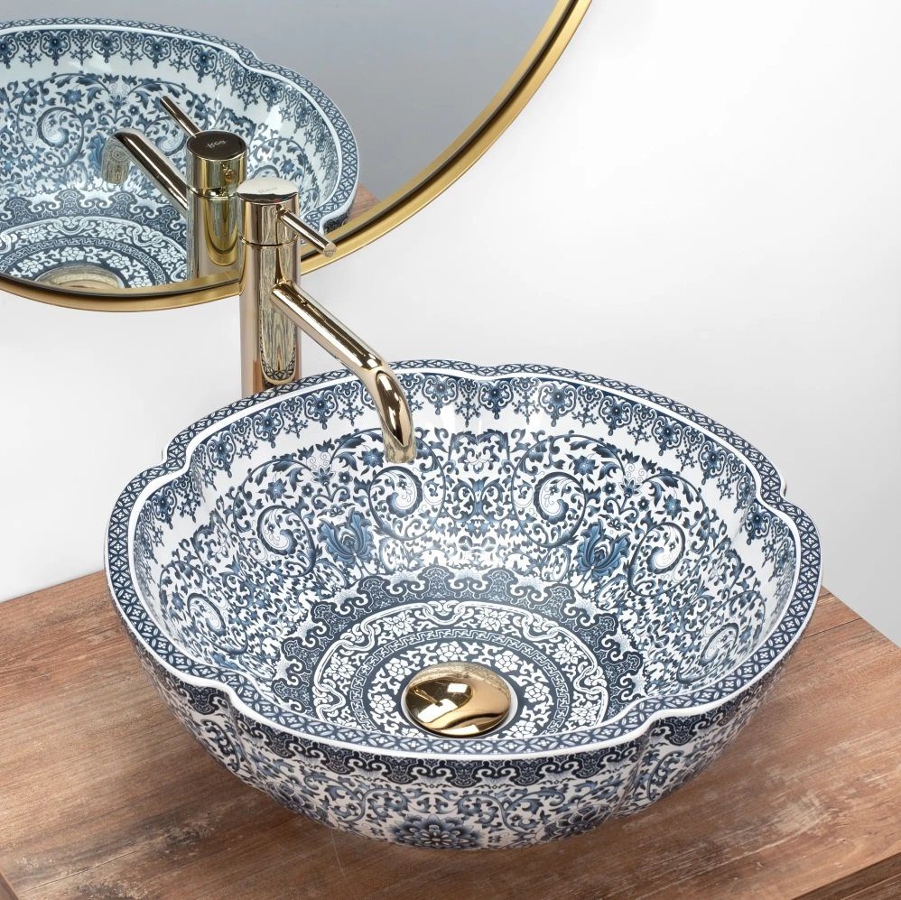 wohnwerk.idee Aufsatzwaschbecken Vintage Waschschale orientalisch Blau-Weiß mit Armatur