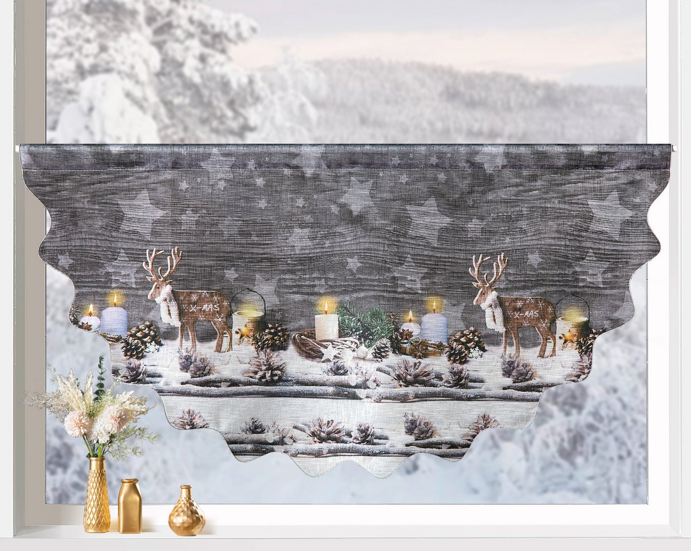 heimtexland Scheibengardine Weihnachten Fensterdeko Gardine Weihnachtsgardine (1 St), Stangendurchzug, halbtransparent, Leinen-Optik, 45x90 cm I durchscheinend I bedruckt I Holz Hirsche