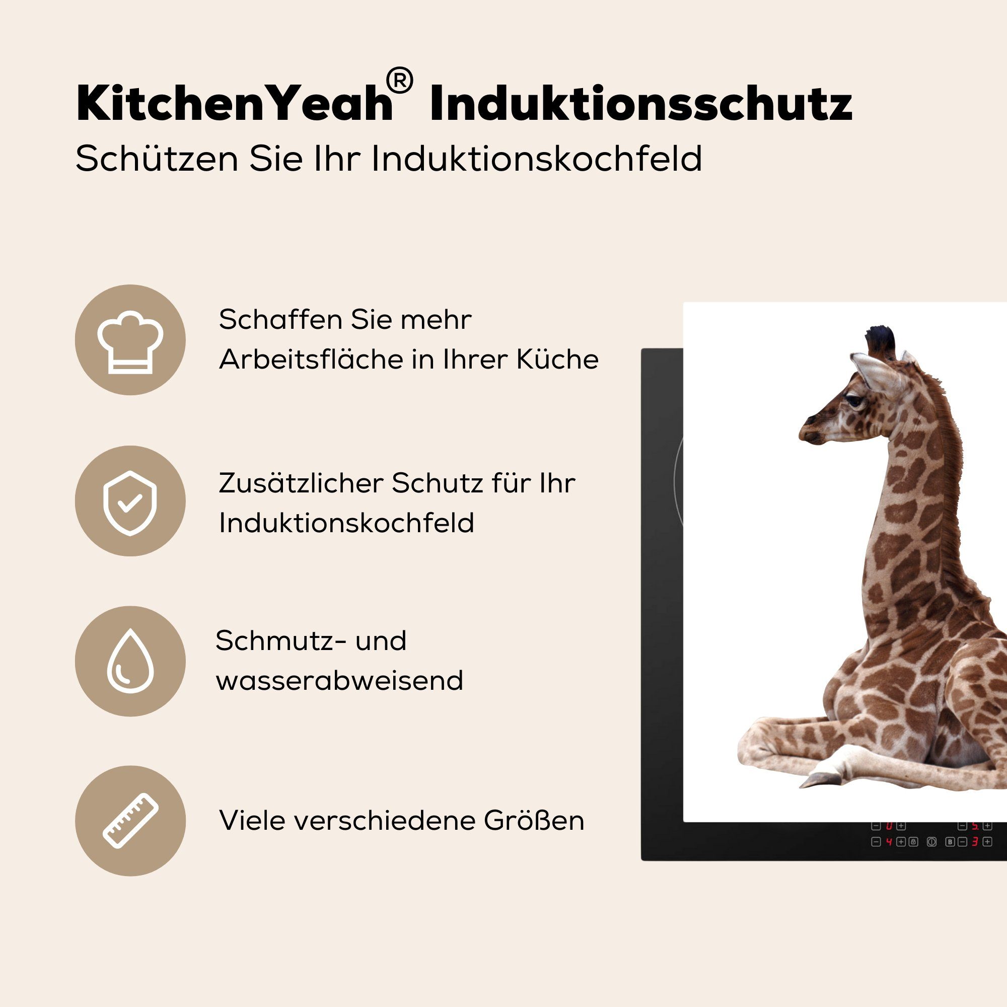 MuchoWow Herdblende-/Abdeckplatte Baby-Giraffe auf weißem für Arbeitsplatte tlg), Ceranfeldabdeckung, cm, Hintergrund, Vinyl, küche 78x78 (1