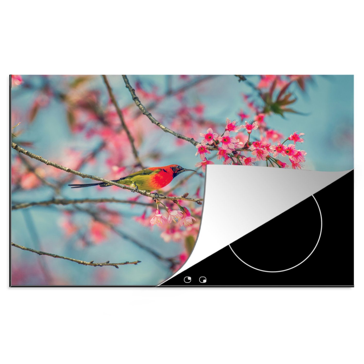 MuchoWow Herdblende-/Abdeckplatte Vogel - Blüte - Rosa, Vinyl, (1 tlg), 81x52 cm, Induktionskochfeld Schutz für die küche, Ceranfeldabdeckung