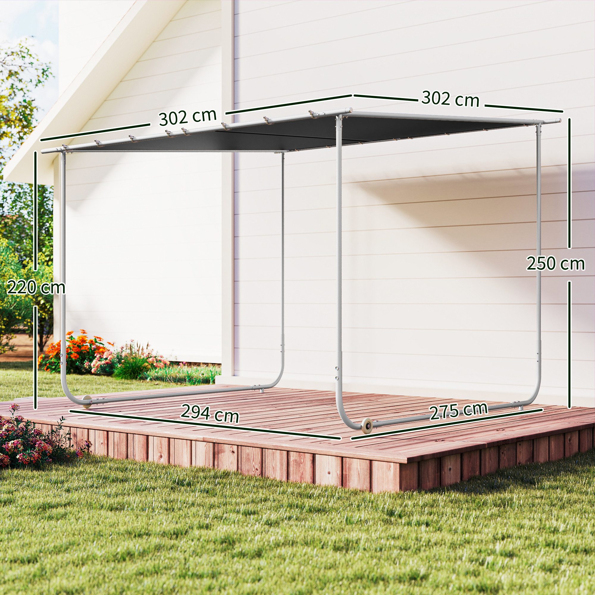 Outsunny Pavillon Pergola Terrassenüberdachung mit UV-Schutz, Sandsack, mit 4 Seitenteilen, (Gartenpavillon, Anstellpavillon), für Balkon, Dunkelgrau