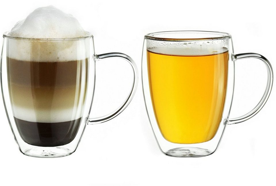 Latte Gl/äser 4er Set gro/ßes Doppelwandglas aus Borosilikatglas Creano doppelwandiges Thermoglas mit Henkel 400ml Kaffeegl/äser Teegl/äser