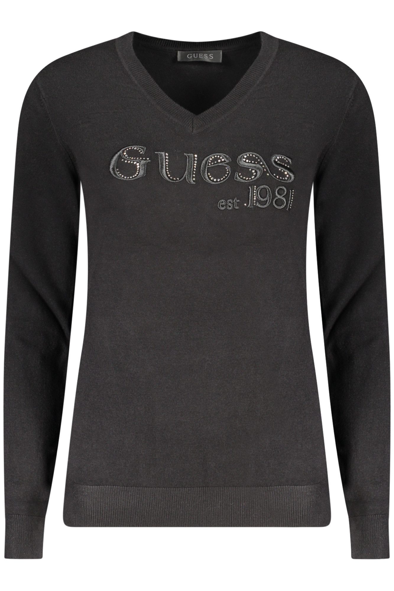 GUESS JEANS Strickpullover Elegantes Damenpullover Schwarz mit V-Ausschnitt & Strassdetails