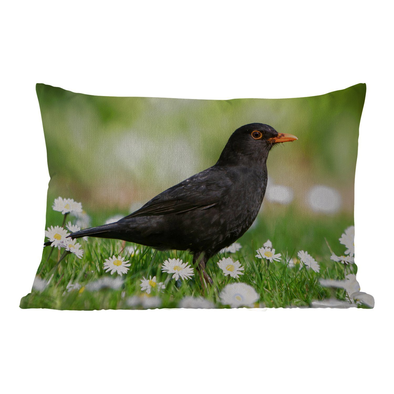 MuchoWow Dekokissen Vogel - Amsel - Blumen, Outdoor-Dekorationskissen, Polyester, Dekokissenbezug, Kissenhülle