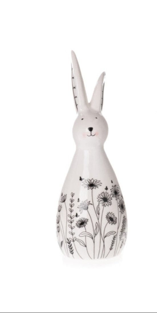 Osterhase Hase Ostern Figur weiß-schwarz Blumendekor Keramik Ø6,5x8cm H18cm