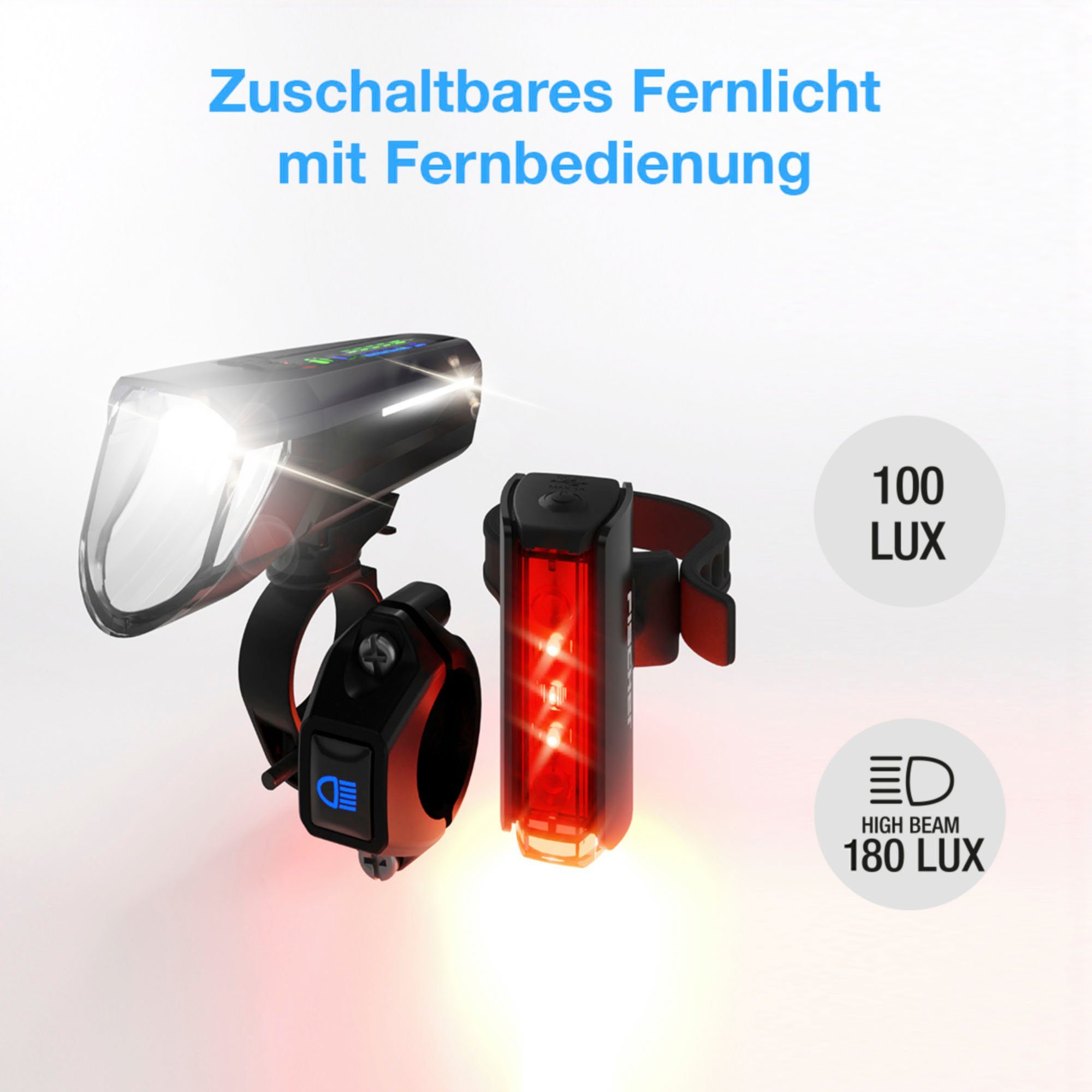 FISCHER Fahrrad Fahrradbeleuchtung LED-Akku-Bel. Set PLUS 100/180 Fernlicht + TWIN STOP
