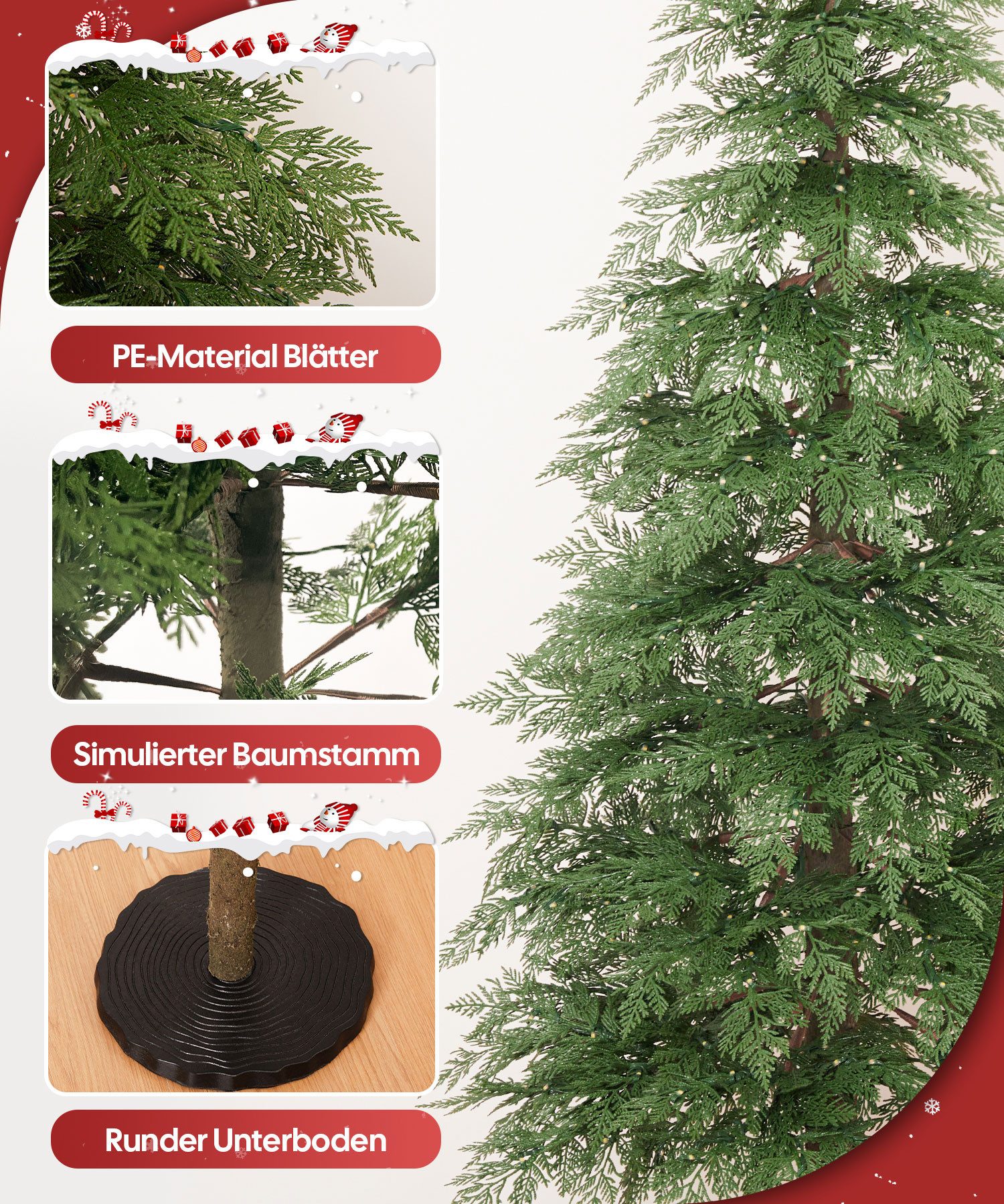 Yorbay Künstlicher Weihnachtsbaum 180cm Weihnachten Baum Deko mit LED Beleuchtung, Schmal PE Christbaum, Tanne, Naturgetreuer PE Weihnachtsbaum mit Scheibenbasis für Heim Geschäft