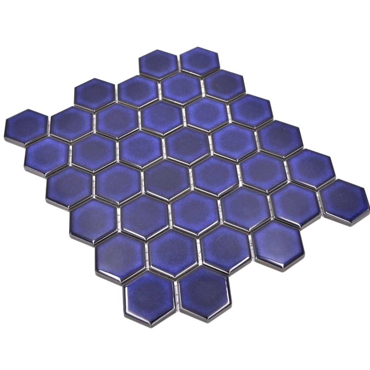 Mosafil Mosaikfliesen Keramikmosaik Fliesen Salomon Hexagon H51, Keramik 28.100x32.500, blau, Verlegefertig auf ein Netz geklebt - Frostsicher - Wasserfest