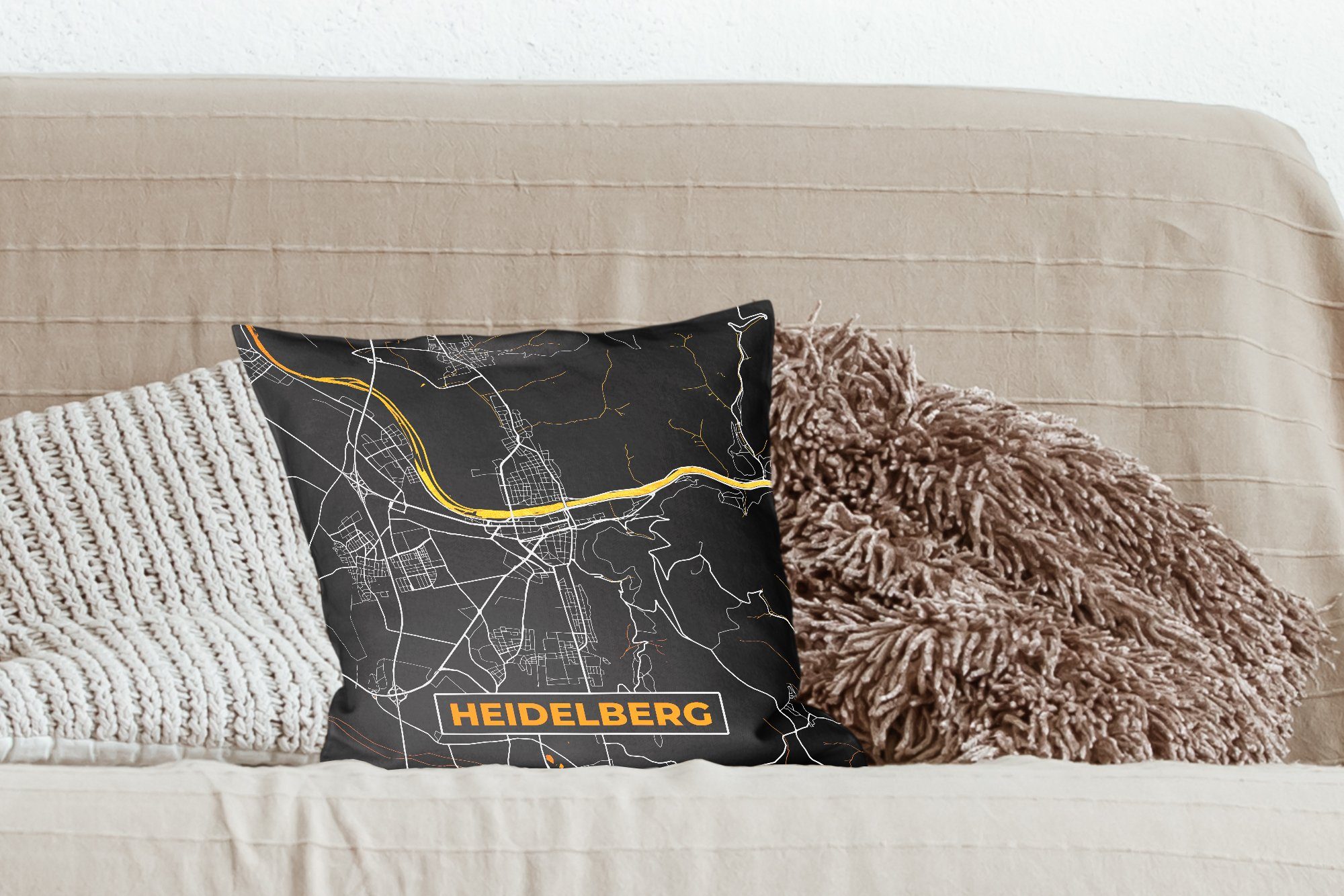 MuchoWow Dekokissen Wohzimmer, Füllung Sofakissen Deutschland - - Karte, Gold Zierkissen - - für Stadtplan mit Deko, Schlafzimmer, Heidelberg