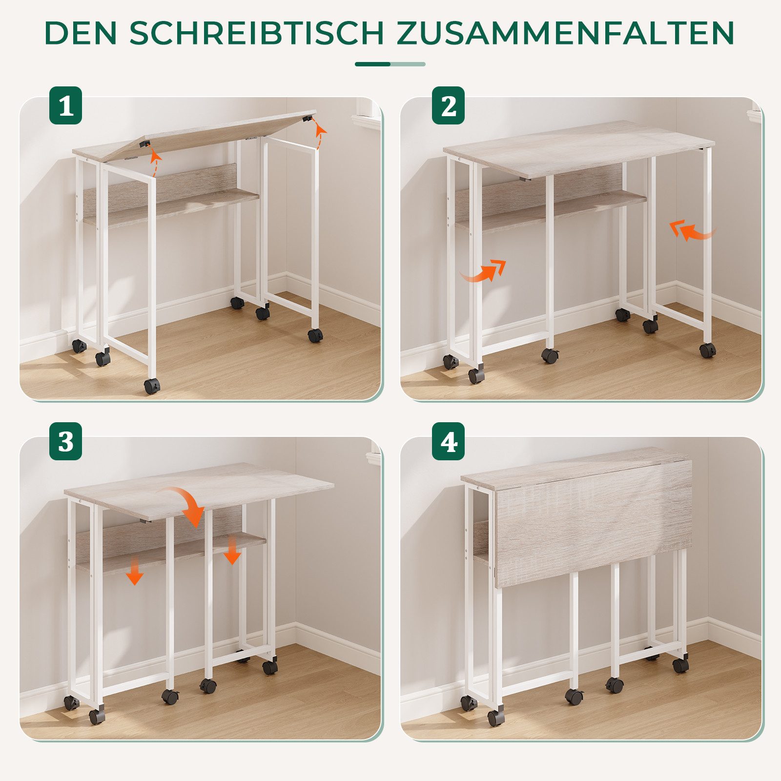 NAIMP Klapptisch Faltbar Schreibtisch Platzsparender Computertisch kleiner Tisch, mit Stauraum und Rollen – Bild 5 von 5