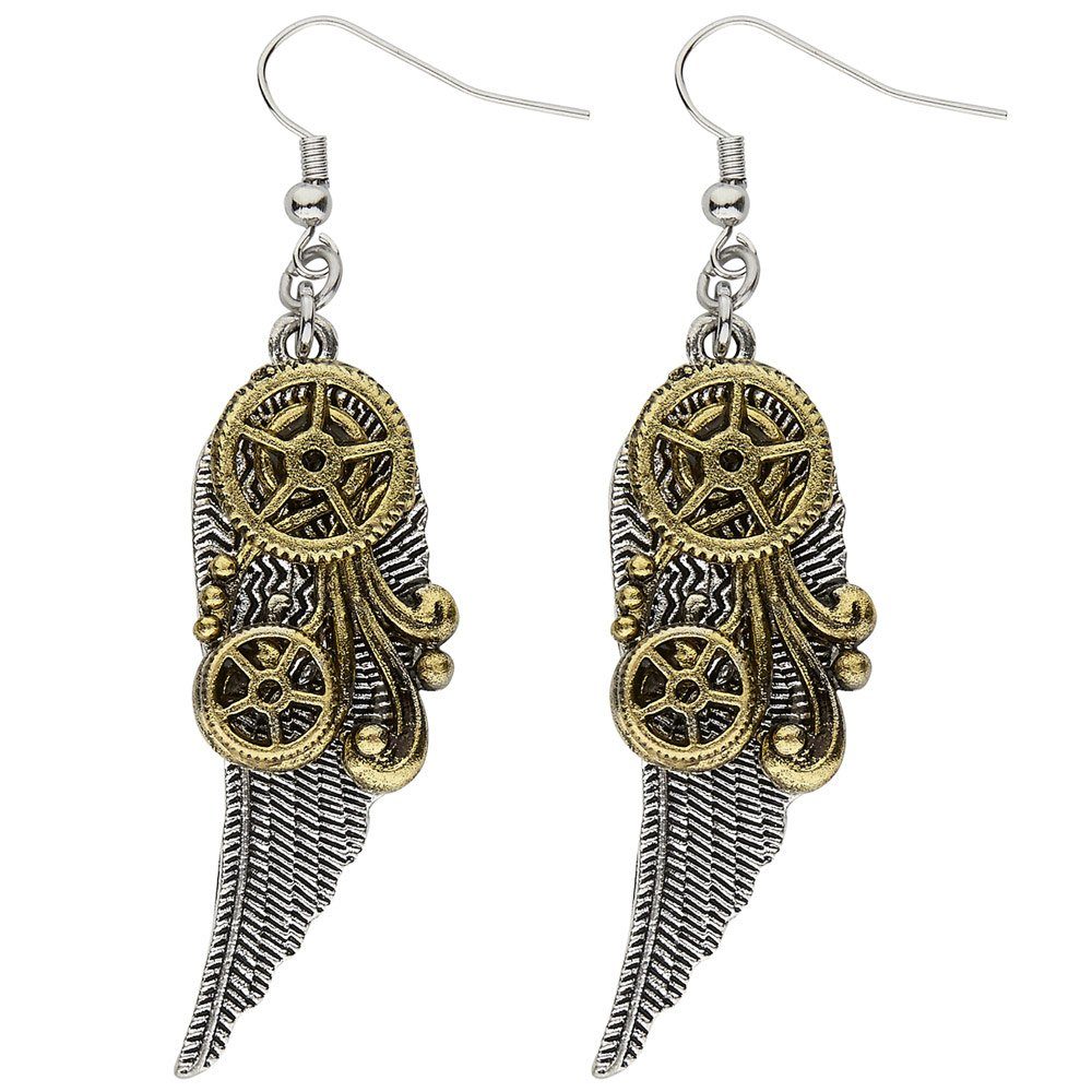 Kostüm Steampunk Ohrringe mit Flügeln und Zahnrädern 0178