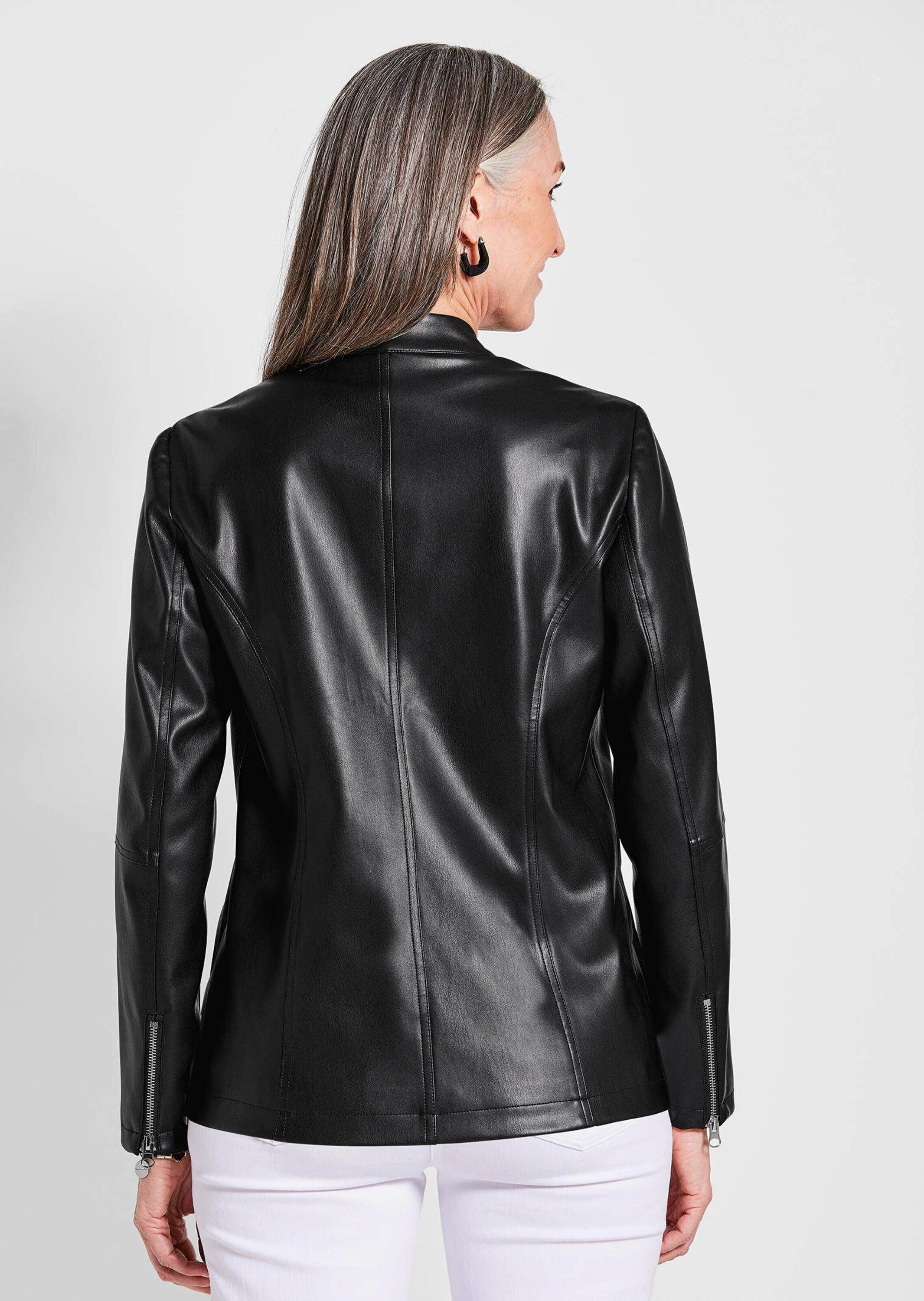 GOLDNER Outdoorjacke Lederoptik-Jacke mit silbernen Reißverschlüssen Jacke mit Stehkragen, figurformende Nähte, Lederimitat