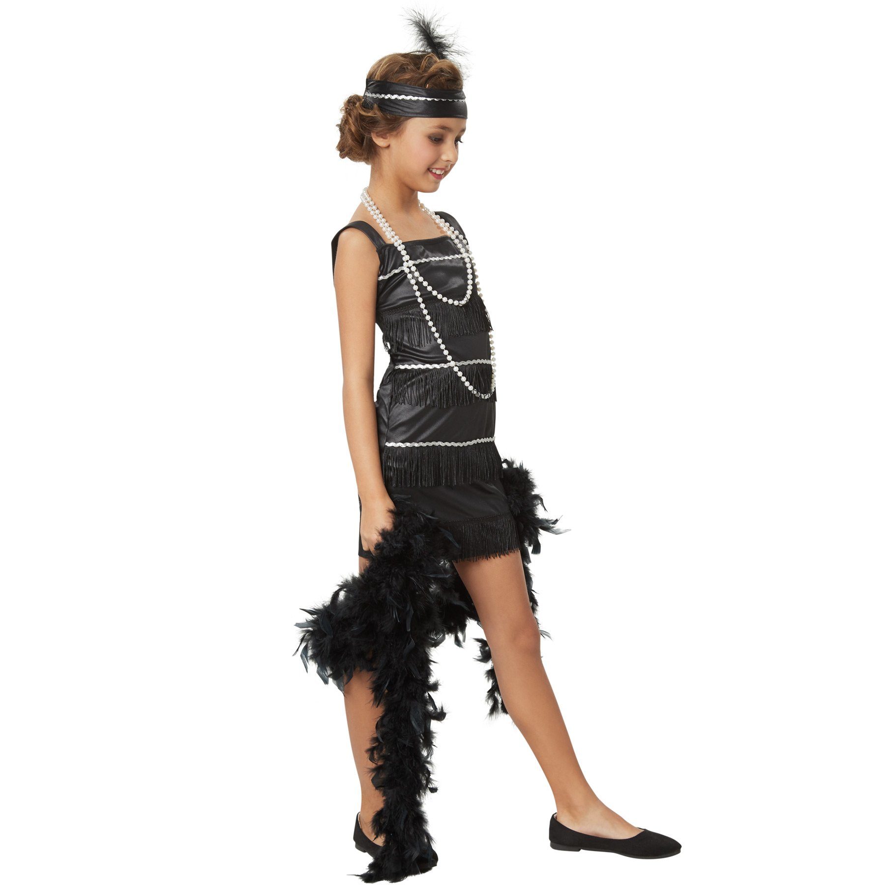 dressforfun Kostüm Musikerin/Tänzerin, in schwarz, Konfektionsgröße 140 (9-10 Jahre), Kostüm im typischen Look der 20er Jahre, Kurzes schwarzes Trägerkleid