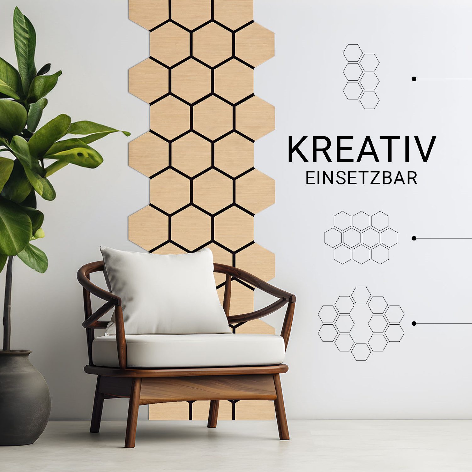 Homestyle4u Wandpaneel je 76x62 cm Hexagon Wand Akustikpaneele Holz Schallschutz Filz Paneele, (8er Set, 8-tlg., 8 Akustikpaneele, Garderobe, Flur) 3D Akustik Paneel Braun Natur Eiche zum Kleben oder Bohren