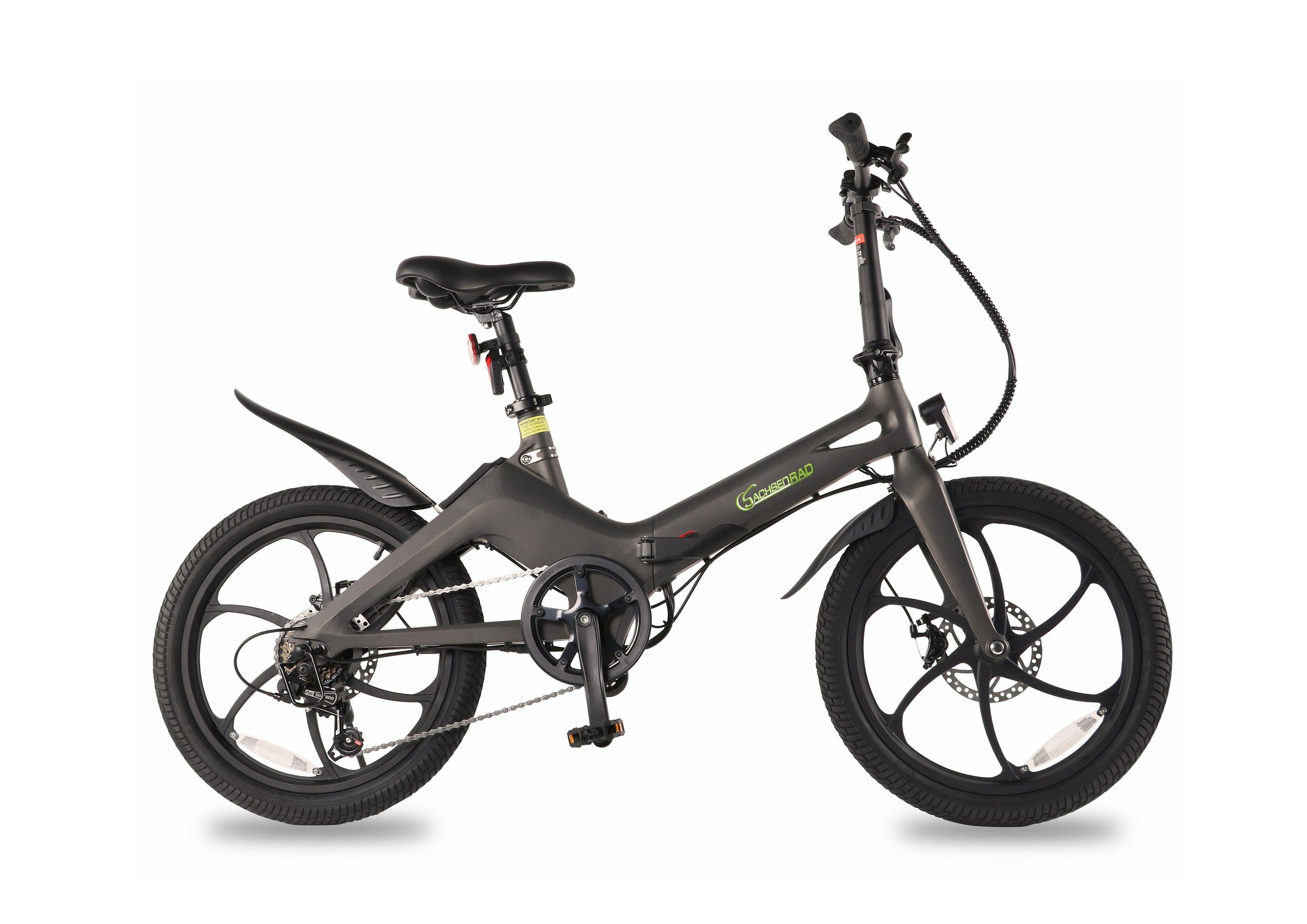SachsenRAD E-Bike F11 MagPuma E-Faltbike 20 Zoll 80 KM Reichweite StVZO, 6 Gang Shiamo SIS Schaltwerk, Kettenschaltung, Heckmotor, (1 Stück), inkl.Transporttasche, drittes Rad für leichten Transport