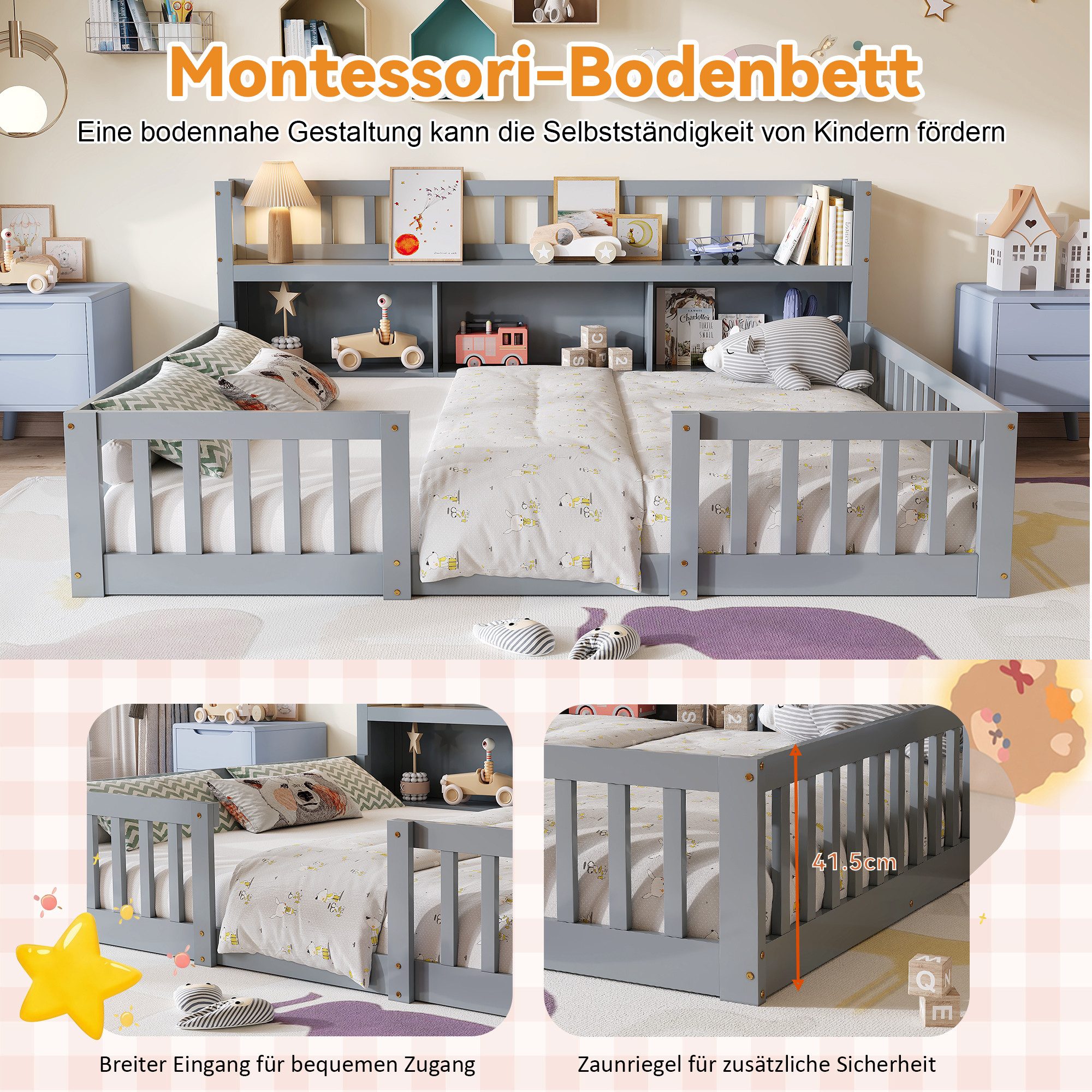 FUROKOY Kinderbett Bodenbett mit Rausfallschutz und Lattenrost (Set, 1-tlg., 140*200cm Bett,Grau), mit offenen Staufächern – Bild 2 von 5