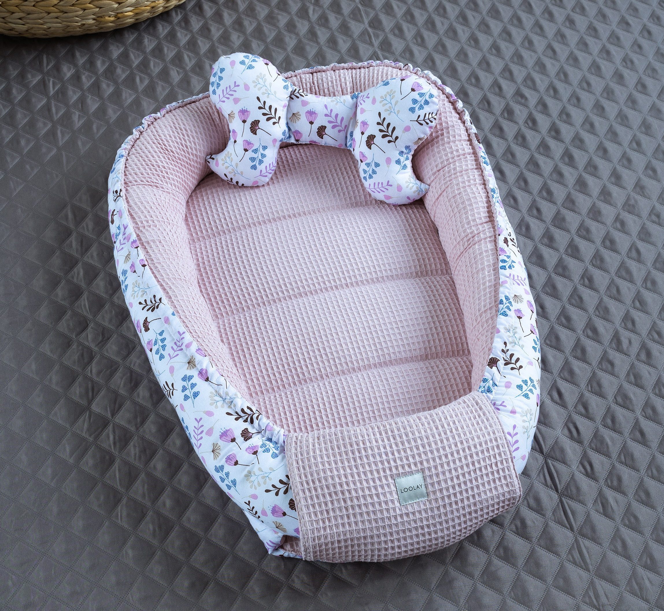Bettnestchen Altrosa WAFFELPIQUE/ BLUMEN Rosa Babynest Babyausstattung