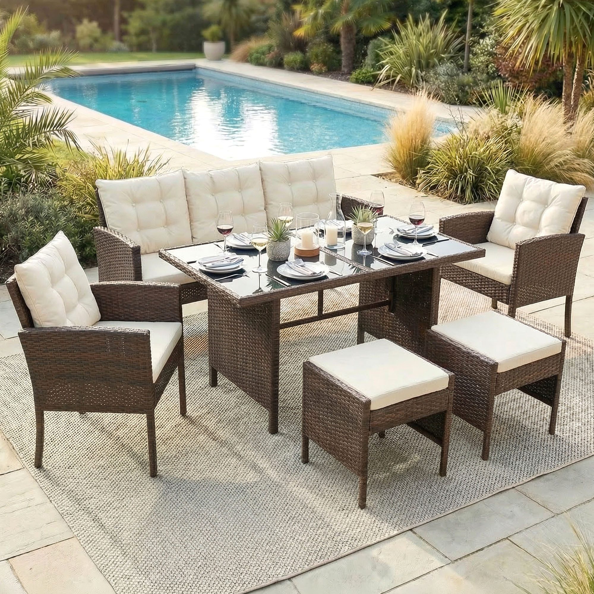Swing&Harmonie Sitzgruppe Poly Rattan Sitzgarnitur Sydney Esstisch Lounge, (Gartenmöbel Set 6-teilig, 1x Tisch + 2x Stühle + 1x Sitzbank + 2x Hocker)