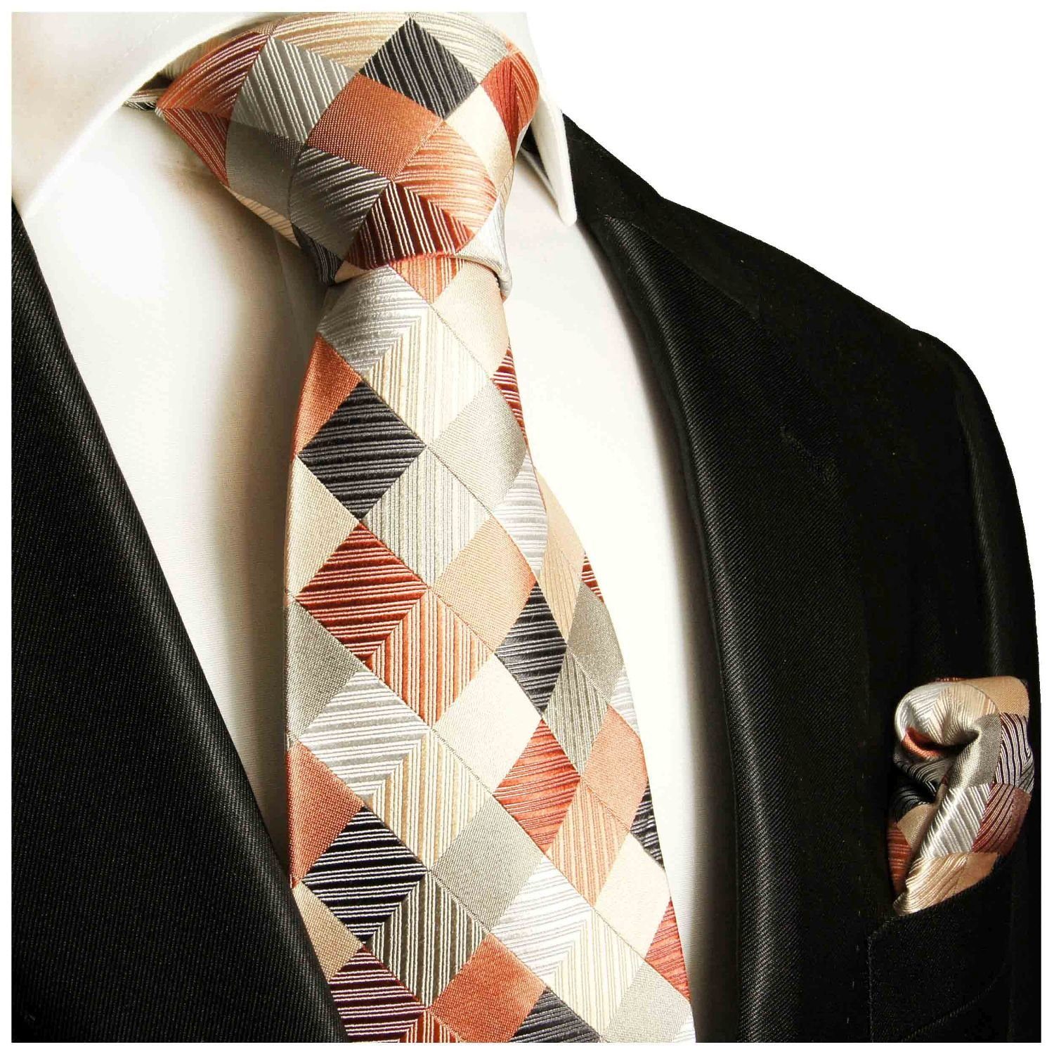 gold Krawatte Herren Seidenkrawatte mit 2-St., Seide Tuch rot Schmal Krawatte Paul 100% (6cm), Malone 252 Einstecktuch) grau mit orange kariert (Set, modern
