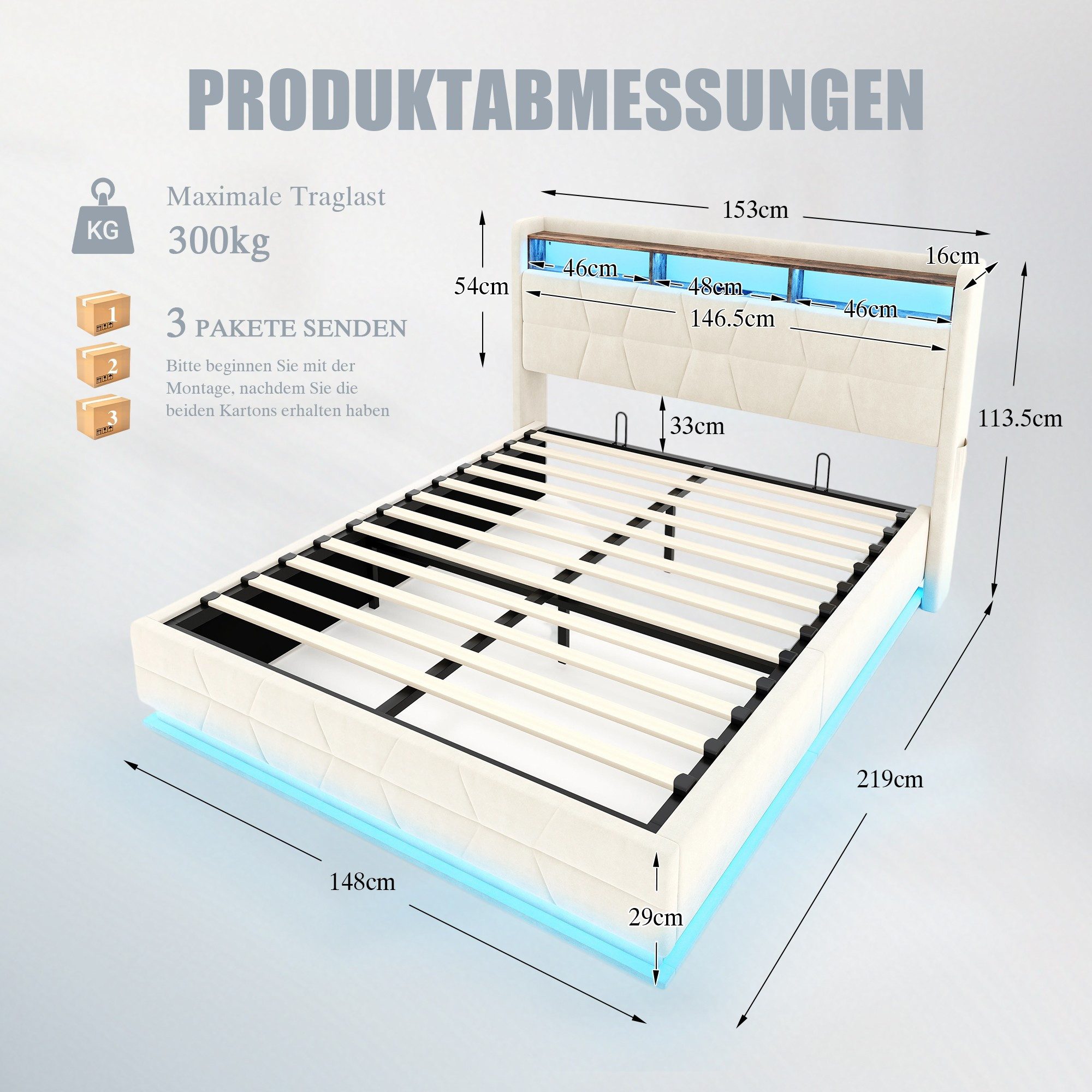 LVHOM Boxbett 140/160x200, 140x190cm, LED-Licht, multifunktionales Kopfteil, USB/-C (Samtstoff, hydraulisches Stausystem, offenes Kopfteil, Seitentaschen für die Fernbedienung, USB-/Typ-C-Ladeanschlüsse, Metallrahmen mit Holzlattenrost, 300 kg Belastbarkeit), Staubschutzhülle, geeignet für verschiedene Schlafzimmer