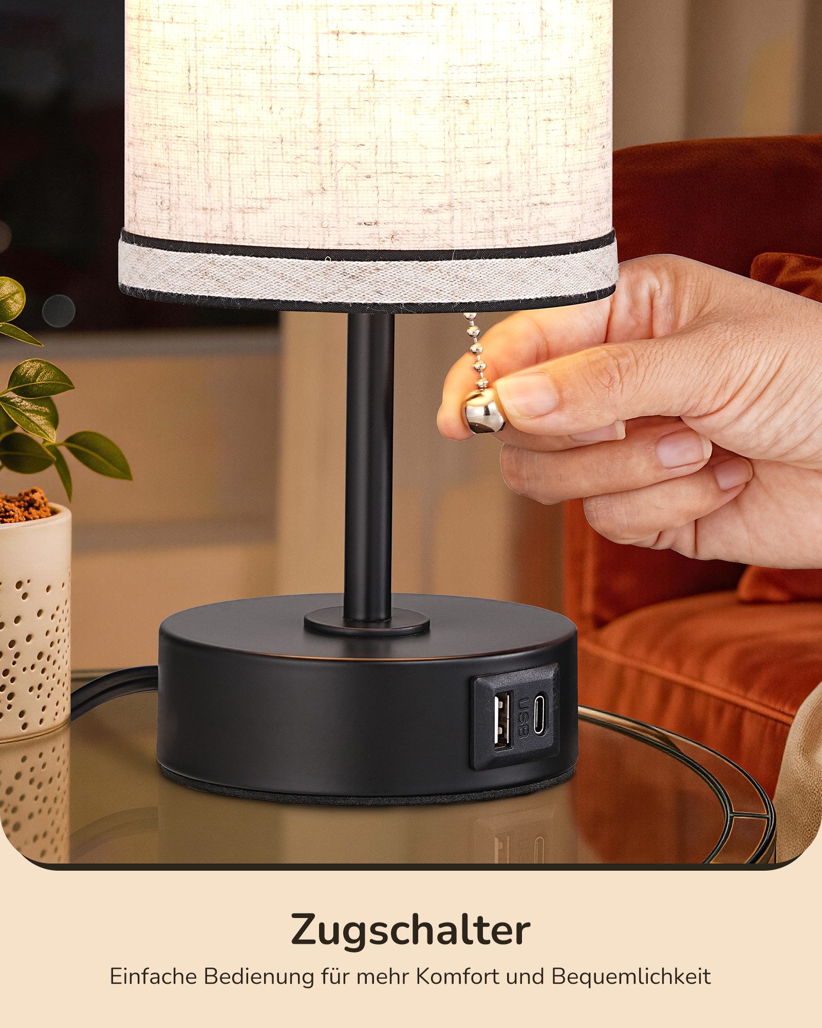EDISHINE LED Nachttischlampe 2er-Set Tischleuchten mit USB, Dekolampen, LED wechselbar, warmweiß, kleine Tischlampe mit Ladefunktion, Metall-Zugschalter