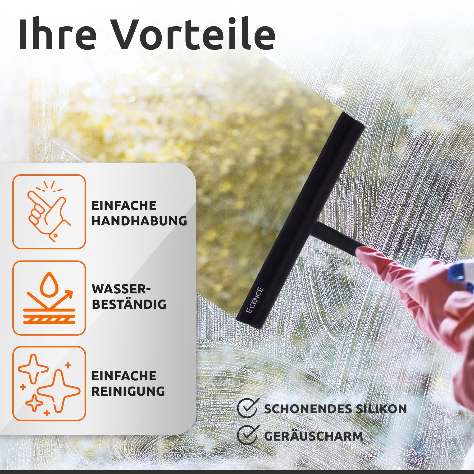 ECENCE Duschabzieher - Fensterabzieher aus Silikon Schwarz + Aufhängung & Mikrofasertuch