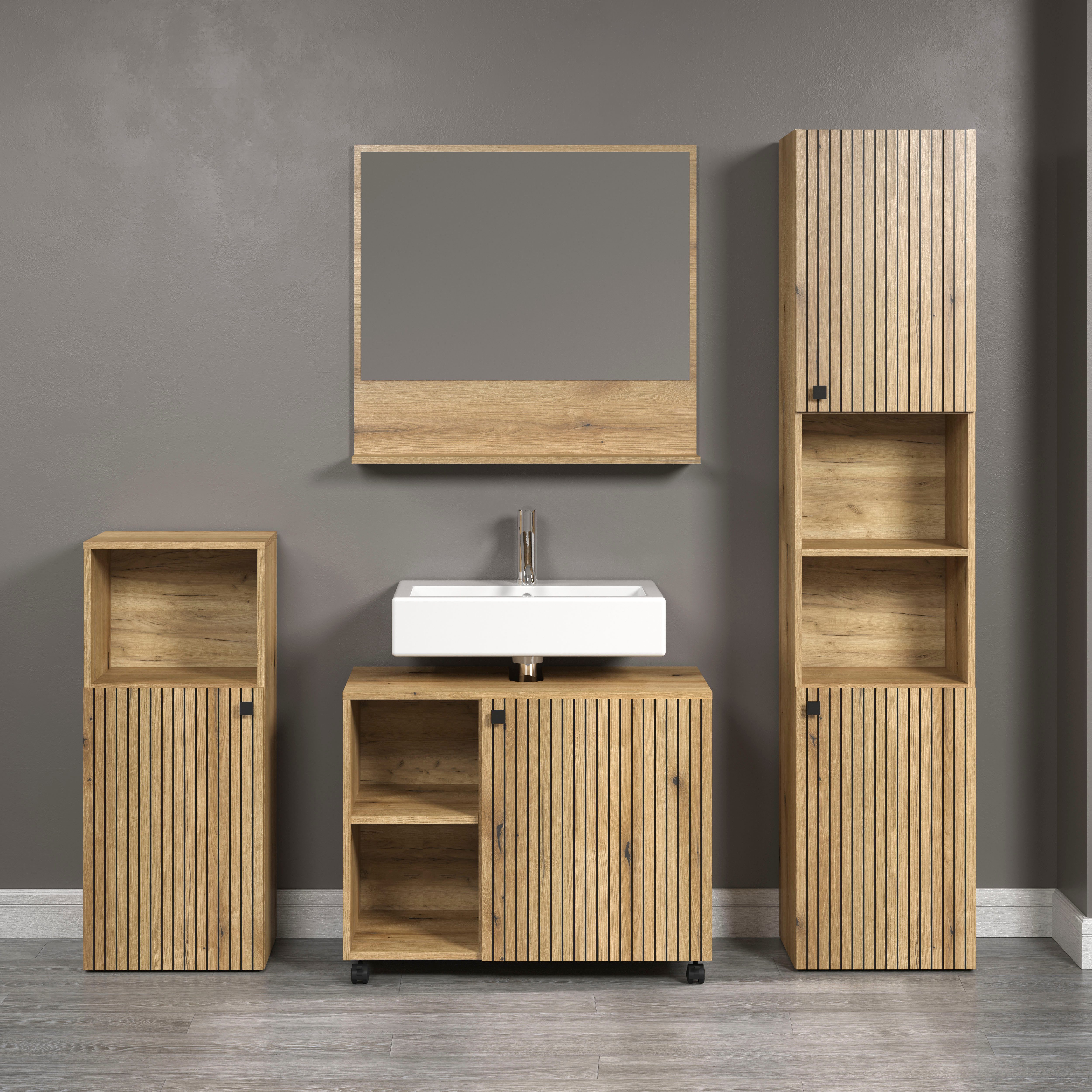 welltime Amrum Waschbeckenunterschrank Spiegel Hochschrank Badschrank, (Komplett-Set, 4-St), 4-teiliges Badmöbel-Set Eiche Rillenoptik - Maße (B/T/H) 180/42/186 cm