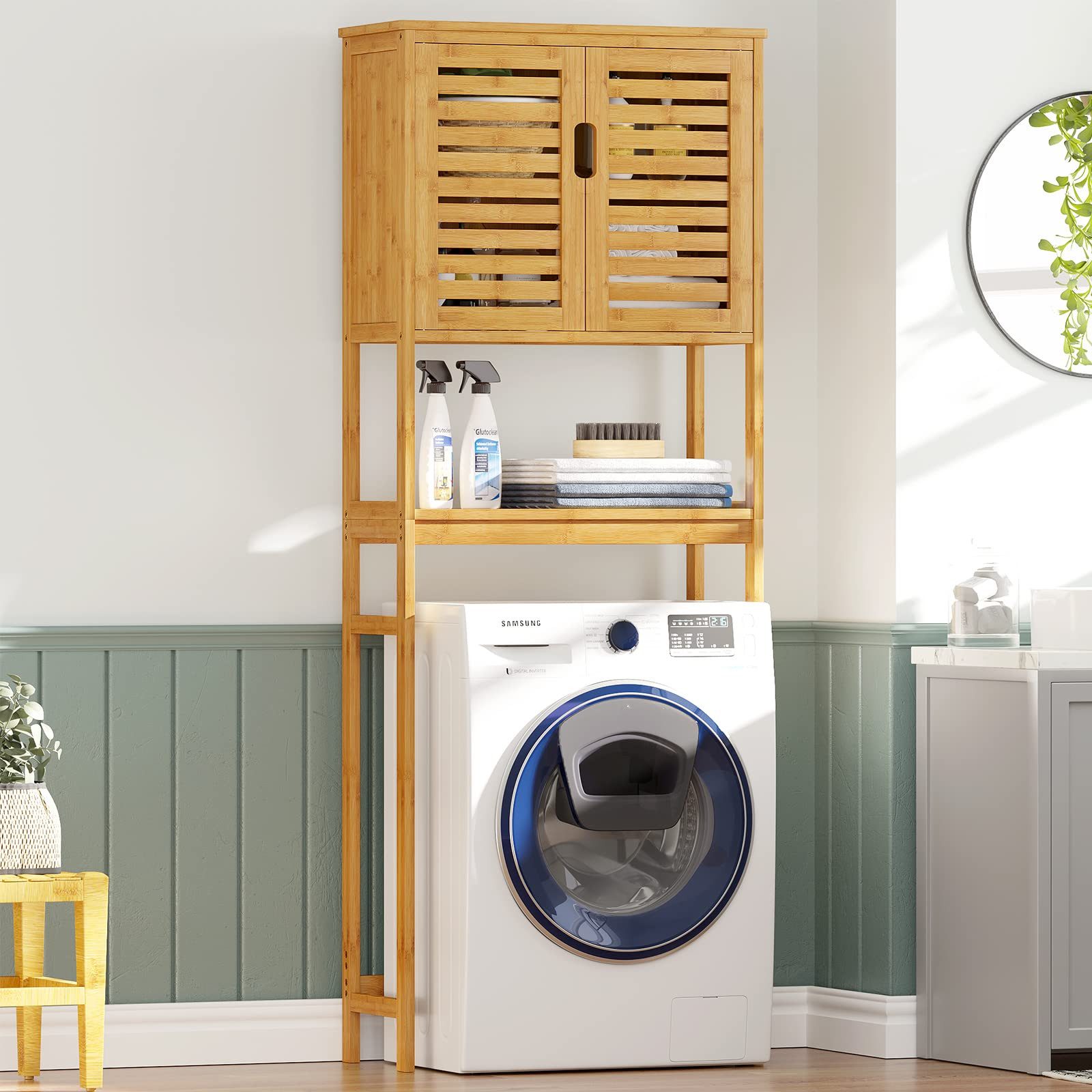 MSMASK Badregal Toilettenregal Bambus mit Schrank,Waschmaschinenschrank, Überbau Badezimmer Regal, Toilettenschrank, 64 x 26 x 168 cm