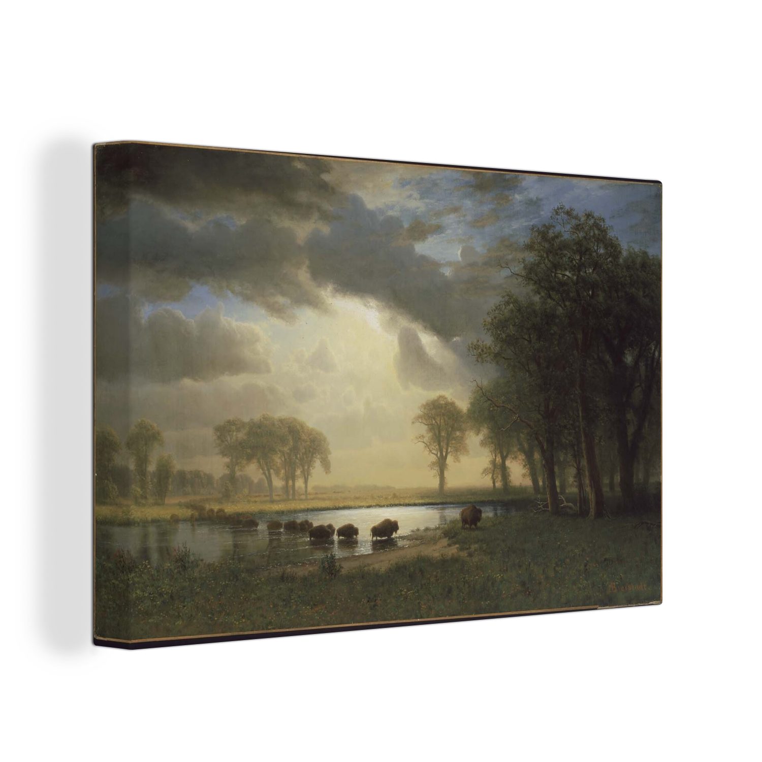 OneMillionCanvasses® Leinwandbild Der Büffelpfad - Kunstdrucke von Albert Bierstadt, Fotodruck (1 St), Leinwand Bilder groß für Wohnzimmer 140x90 cm