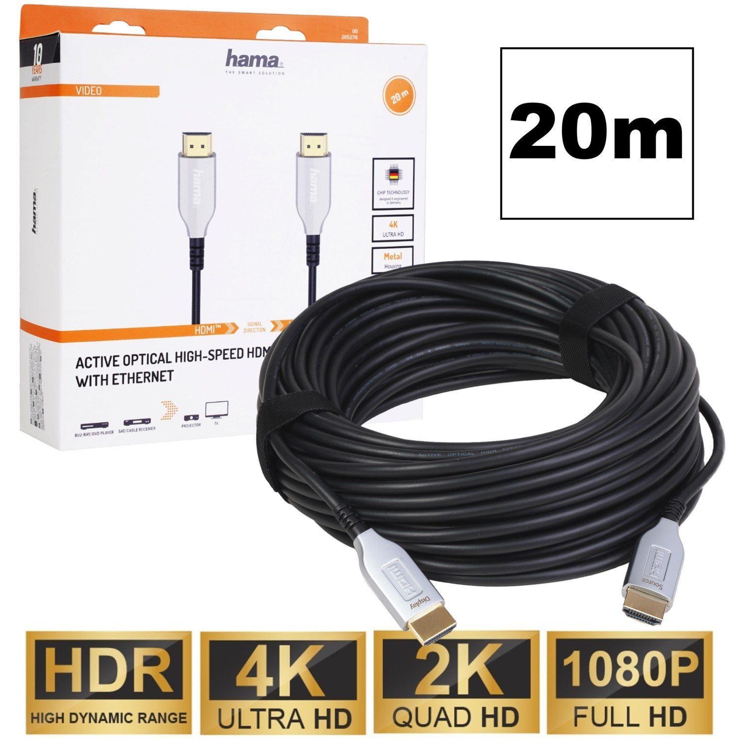 Hama 20m HDMI-Kabel Lang Anschluss-Kabel Optisch Aktiv Video-Kabel, HDMI, (2000 cm), AOT 4K UHD Full HD TV 3D HD TV LED LCD OLED Plasma vergoldete Stecker