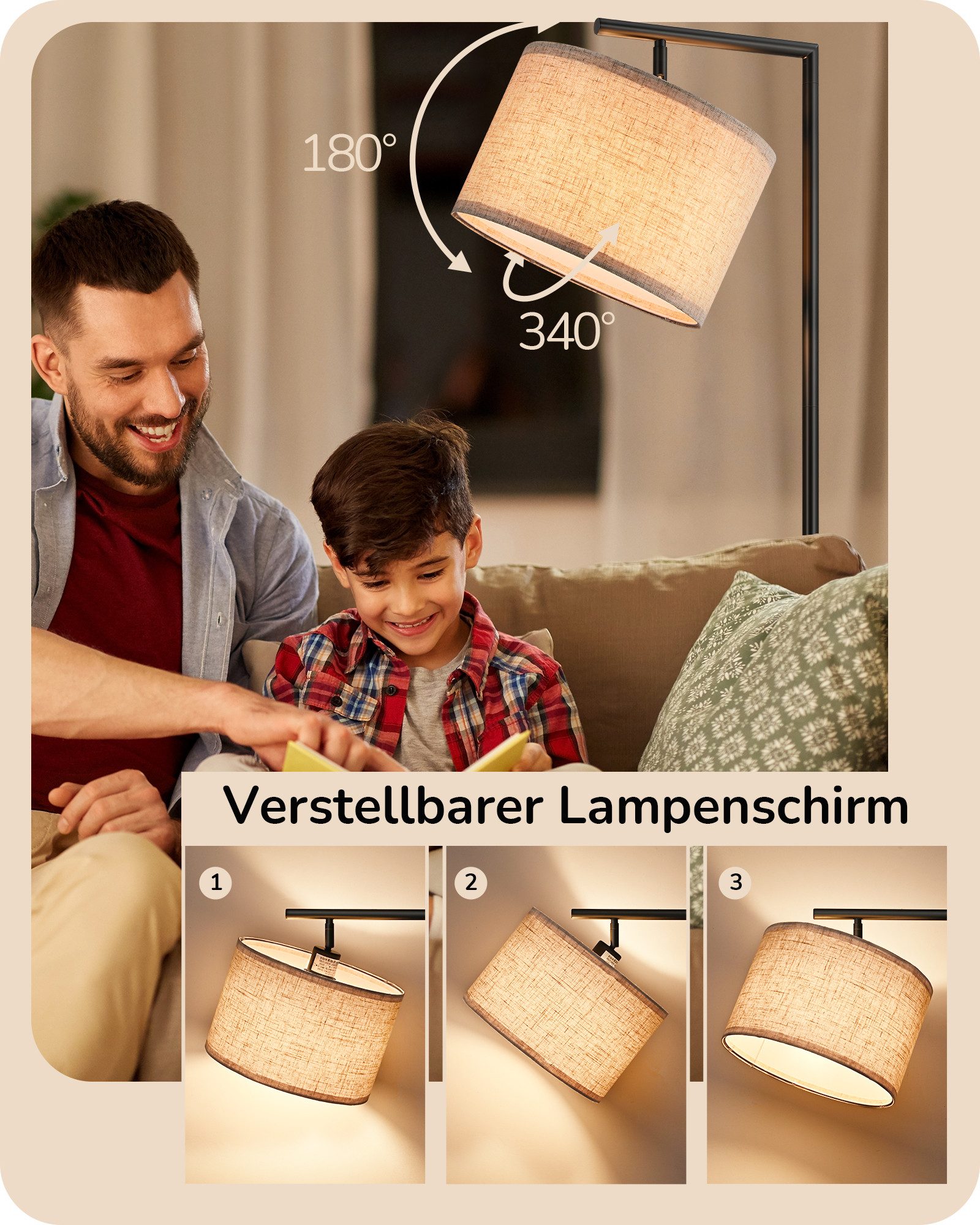 EDISHINE Stehlampe Wohnzimmer 160cm, Lampenschirm verstellbar, LED wechselb günstig online kaufen