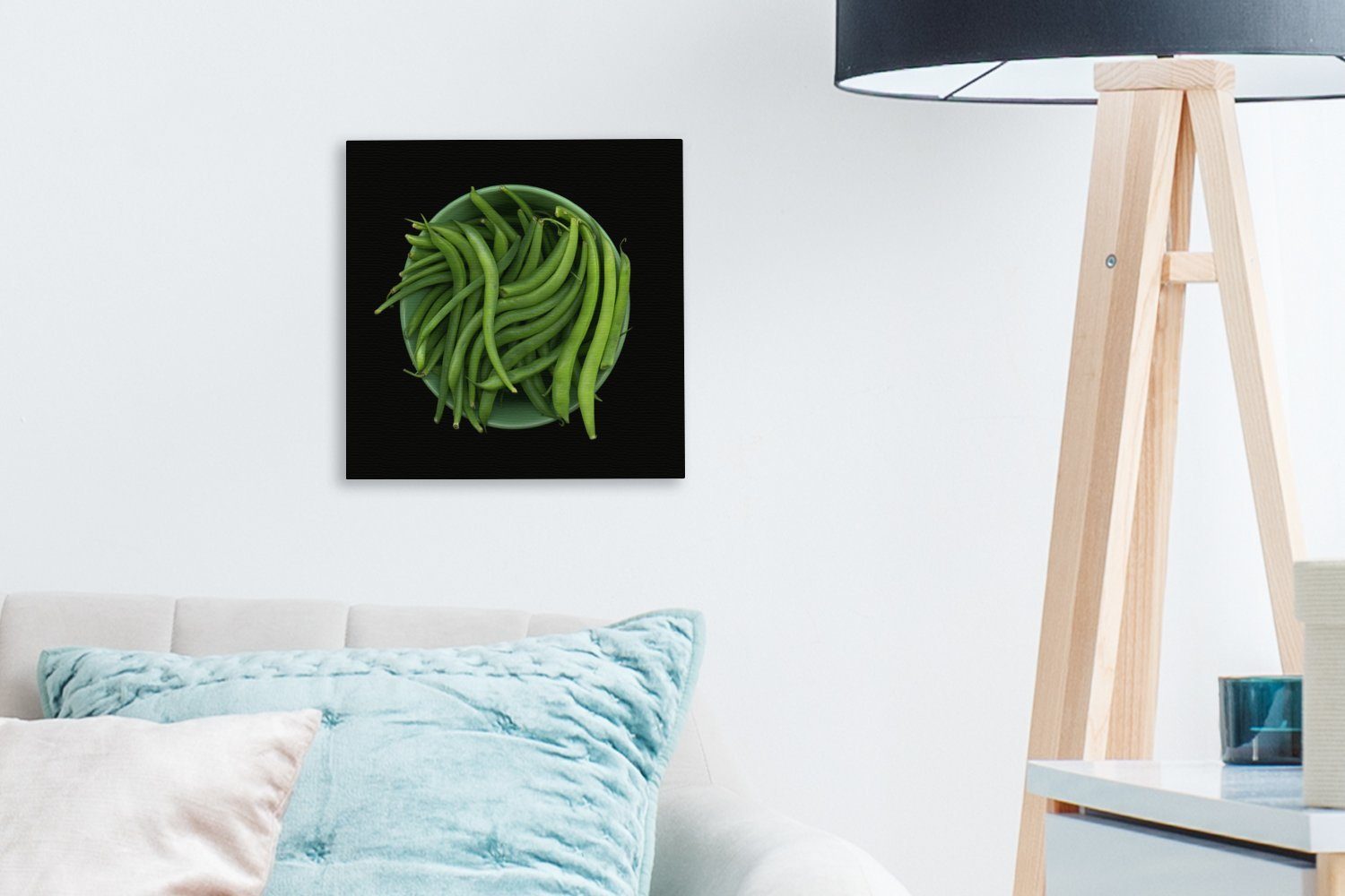 OneMillionCanvasses® Leinwandbild Schüssel Schlafzimmer grünen rohen Hintergrund, vor Leinwand mit St), Wohnzimmer einem (1 Bilder schwarzen für Bohnen