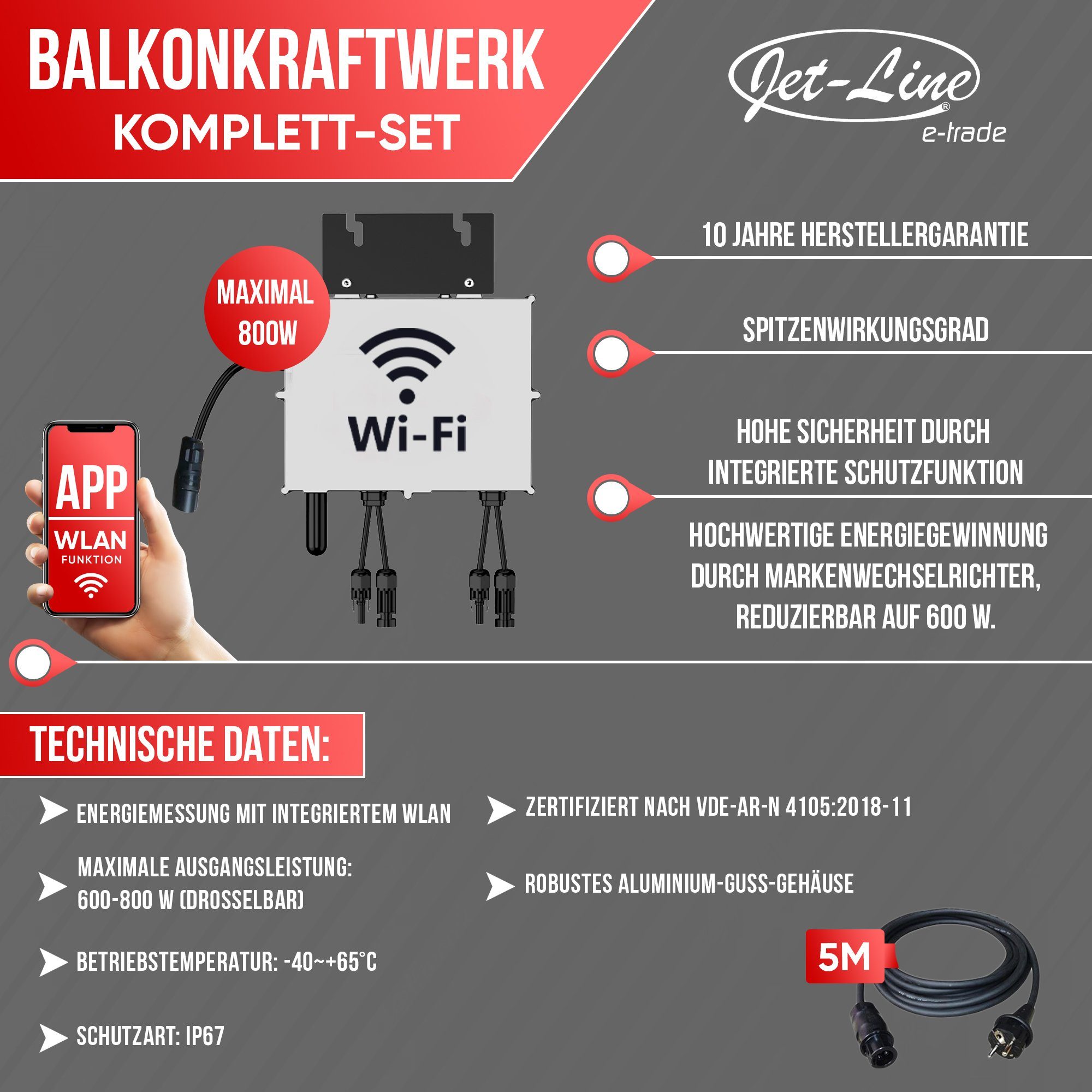 Balkonsolaranlage 800W/600W Jet-Line 830W Solaranlage Module Wechselric