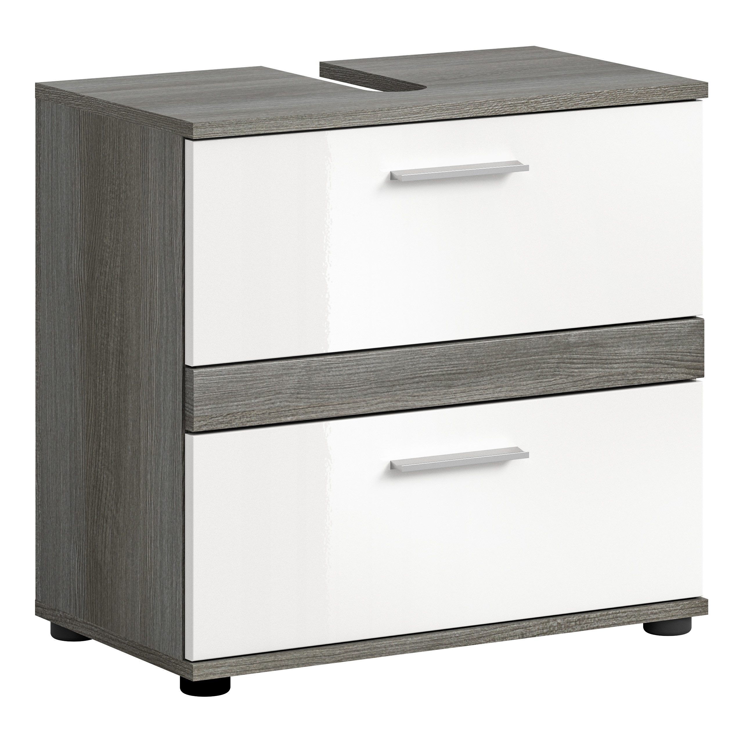 xonox.home Waschbeckenunterschrank Weiß Hochglanz Rauchsilber Siphonausschnitt Beschichtet 60x57x34 cm