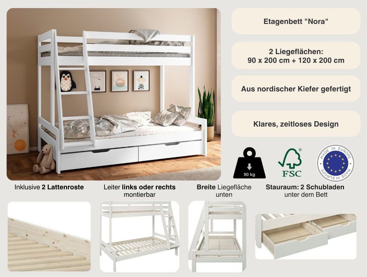 OTTO home Etagenbett Doppelstockbett, Hochbett, "NORA" (Leiter beidseitig montierbar), mit Schubladen, zertifiziertes Massivholz, breite Liegefläche unten