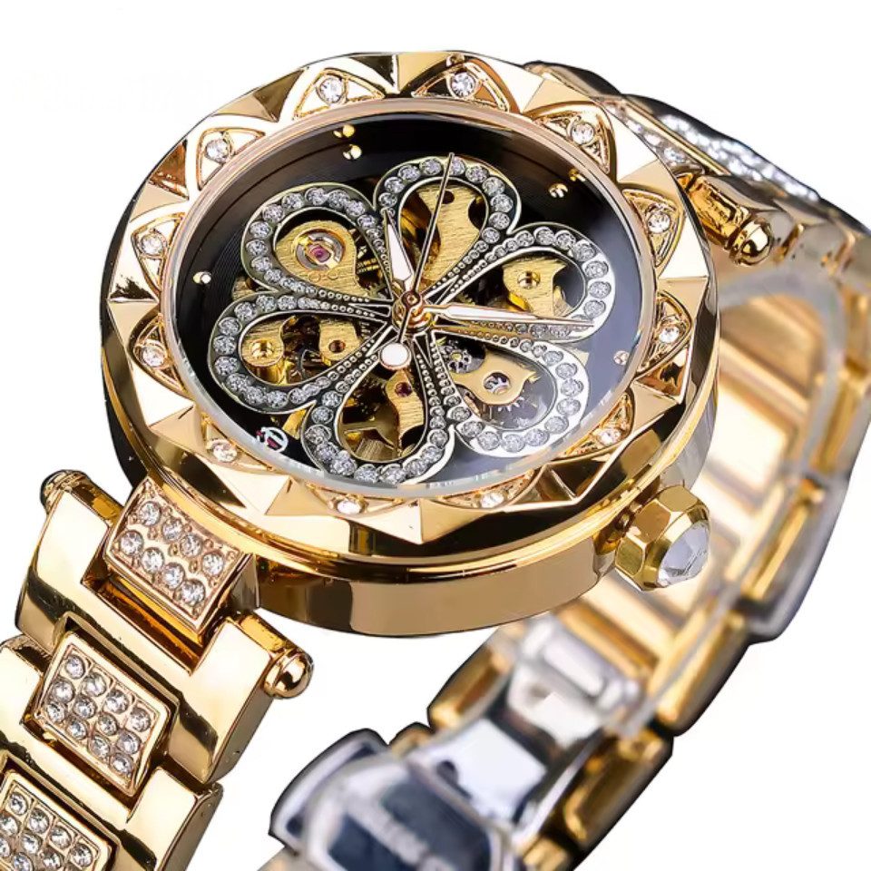 Rötting Design Automatikuhr Damenuhr Marke Forsining Rhinestone Besatz goldfarbenes Design, schwarzes Ziffernblatt, Armbandumfang 16 bis 20 cm wählbar