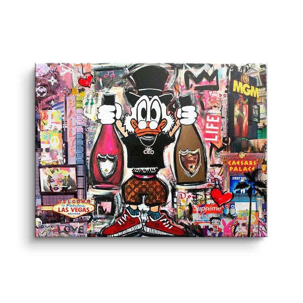 DOTCOMCANVAS® Leinwandbild Dagobert in Las Vegas, Dagobert Duck Leinwandbild quer Las Vegas Comic Pop Art Collage ohne Rahmen