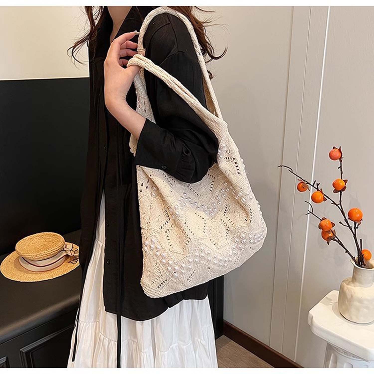 nsihing Schultertasche Strandtasche Damen Häkeltasche, Geflochtene Tasche Boho – Bild 3 von 5