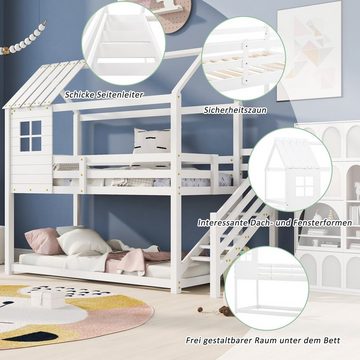 Fangqi Hausbett 90x200 großes Kinder-Etagenbett mit Ecktreppe, Fallschutz und Geländer (Jugend-Etagenbett mit Fenster, Rahmen aus Kiefernholz)
