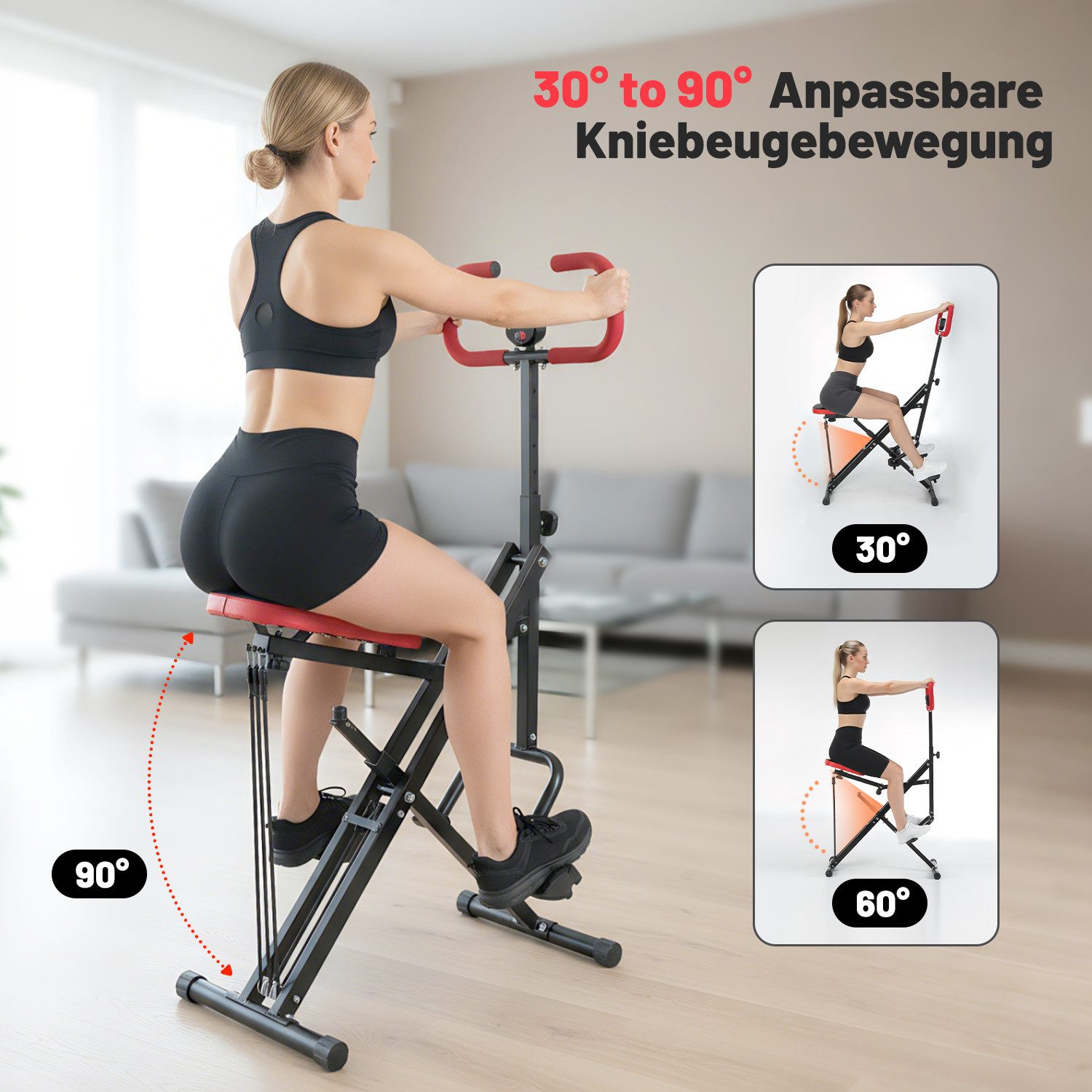 kehot Bauchtrainer Kompakter Squat Trainer mit Sitz & Griff, Klappbar (Höhen- und Sitzverstellung für Individuelles Ganzkörpertraining, Mit 3 Widerstandsbändern à 45 lbs für Zusätzliche Intensität), Stabiler Heimtrainer mit Zähler, belastbar bis 100 kg